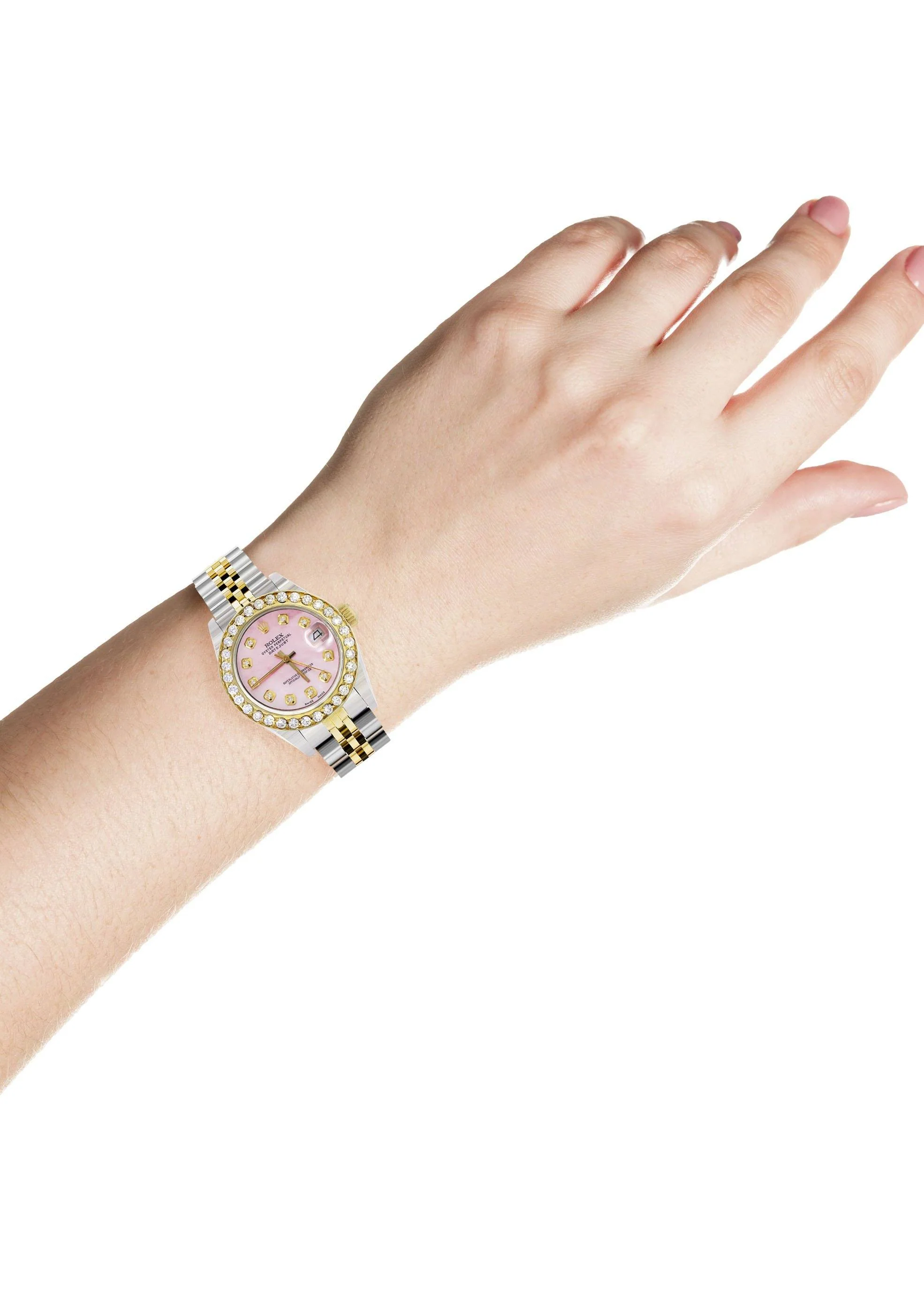 Womens Diamond Gold Rolex Watch | 1 Carat Bezel | 26Mm | Light Pink Pearl Dial | Jubilee Band - Image 3