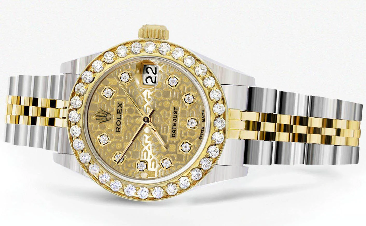 Womens Diamond Gold Rolex Watch | 1 Carat Bezel | 26Mm | Texture Gold Diamond Dial | Jubilee Band - Image 2