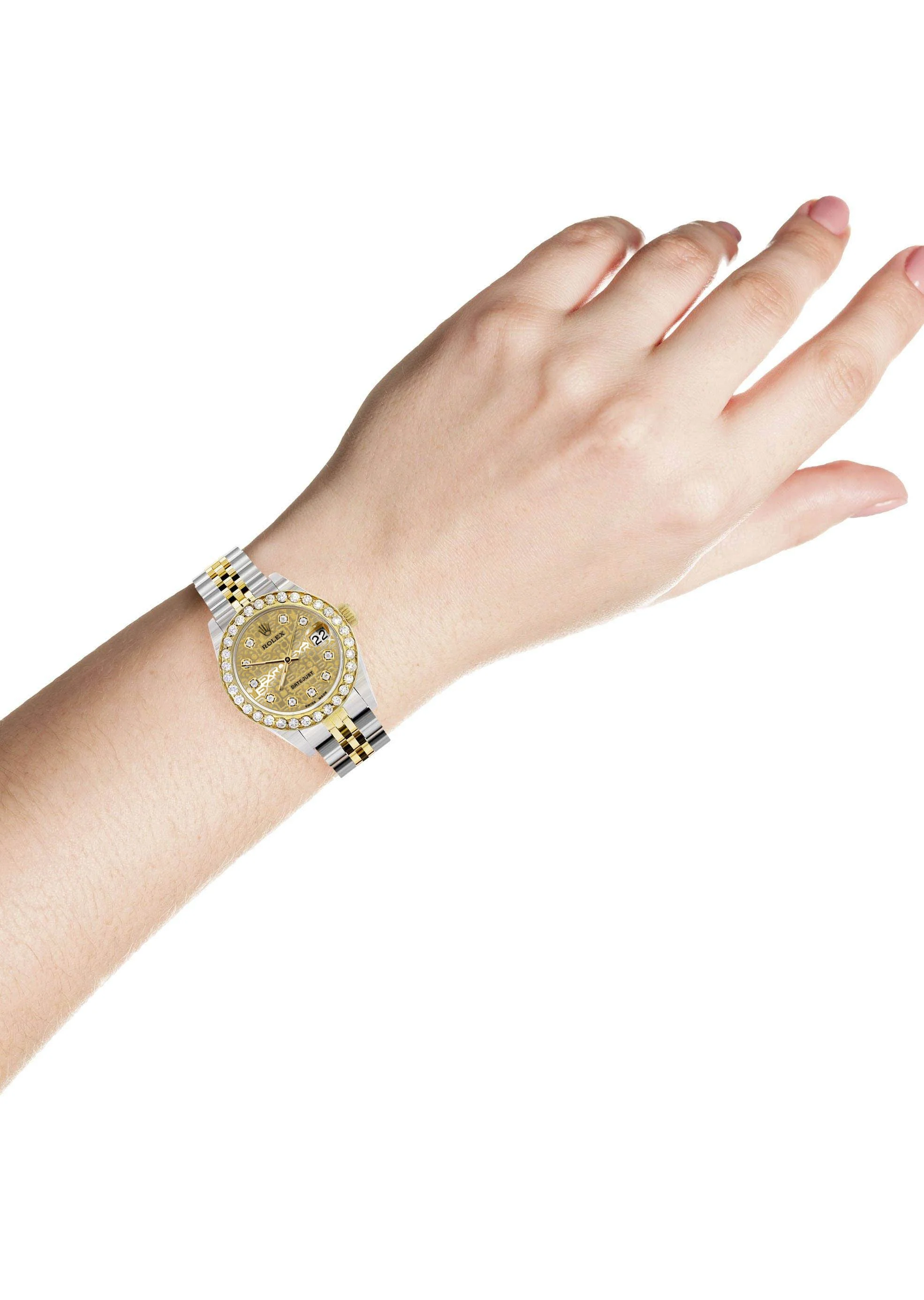 Womens Diamond Gold Rolex Watch | 1 Carat Bezel | 26Mm | Texture Gold Diamond Dial | Jubilee Band - Image 3