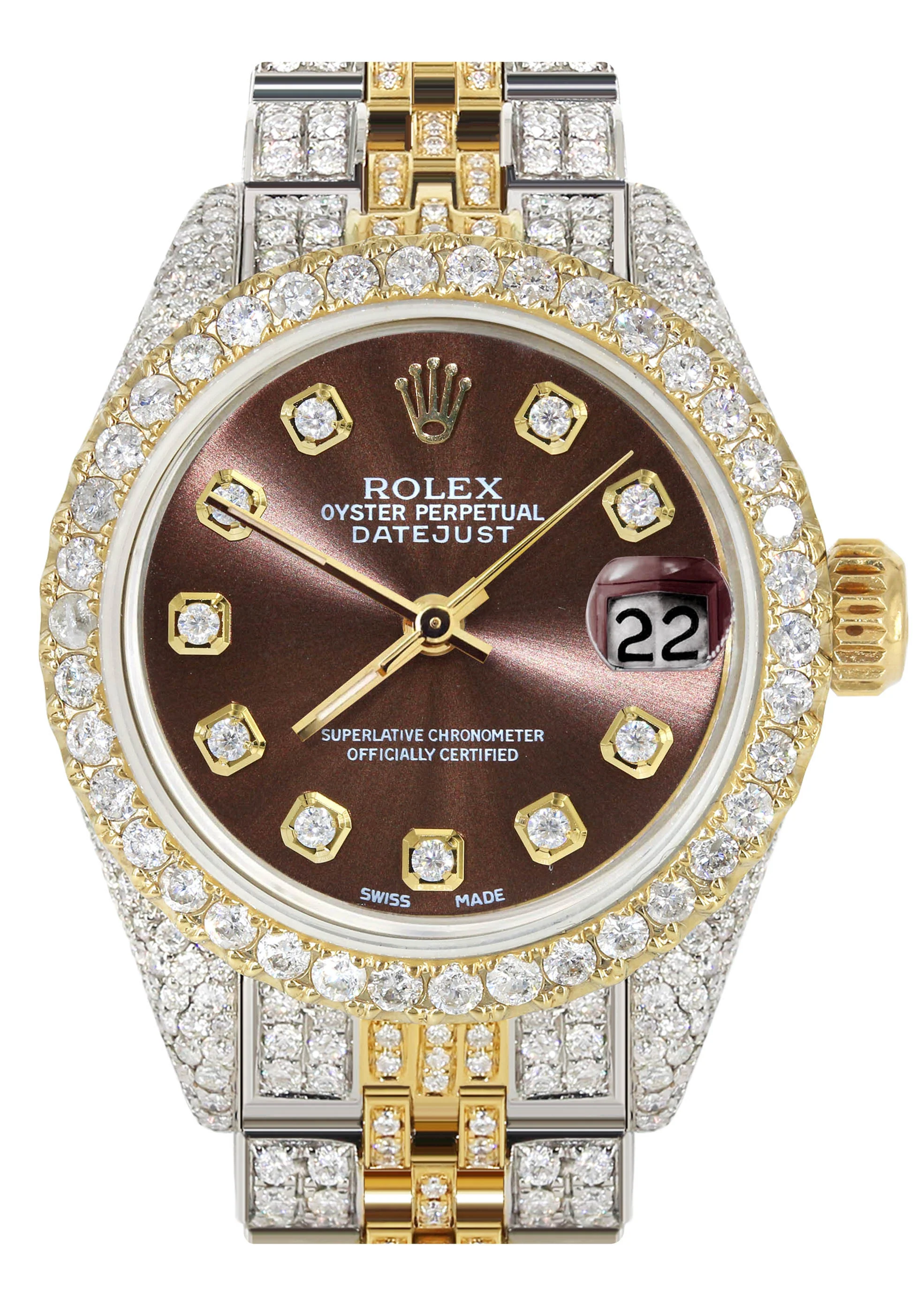 Womens Diamond Gold Rolex Watch | 26Mm | Brown Dial | Jubilee Band