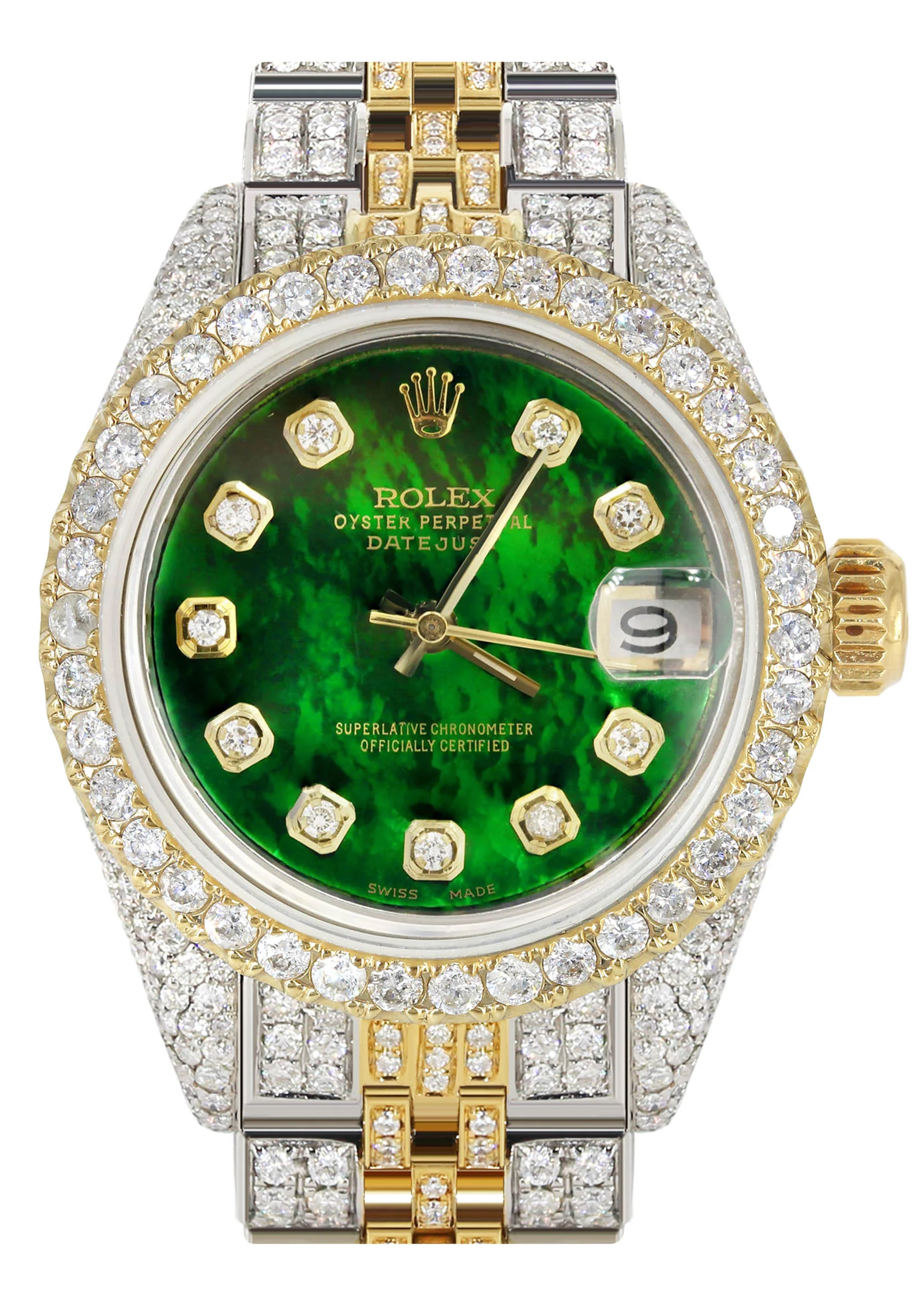 Womens Diamond Gold Rolex Watch | 26Mm | Green Mother Of Pearl Dial | Jubilee Band