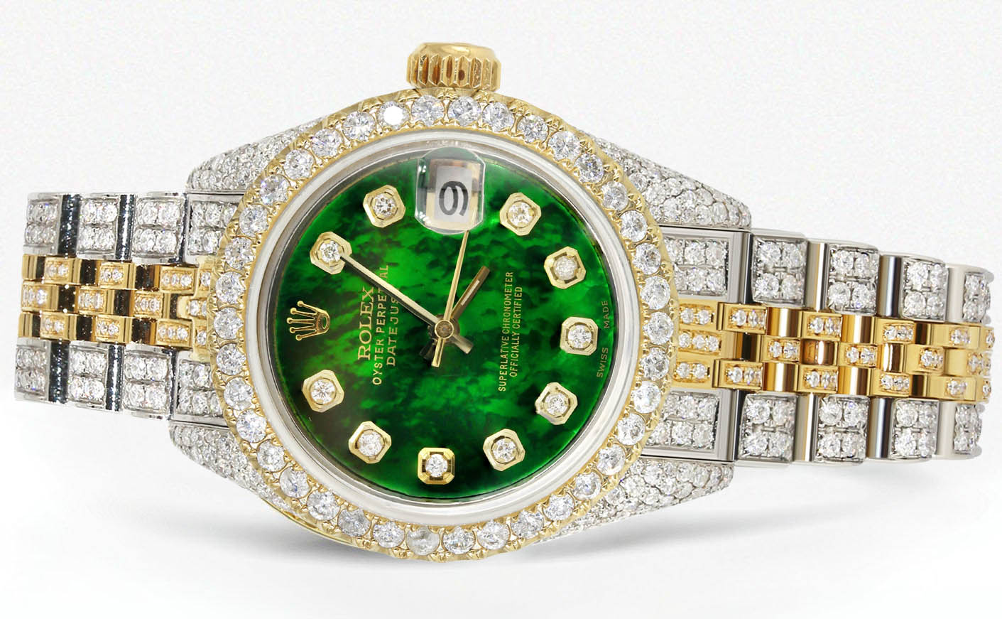 Womens Diamond Gold Rolex Watch | 26Mm | Green Mother Of Pearl Dial | Jubilee Band - Image 2