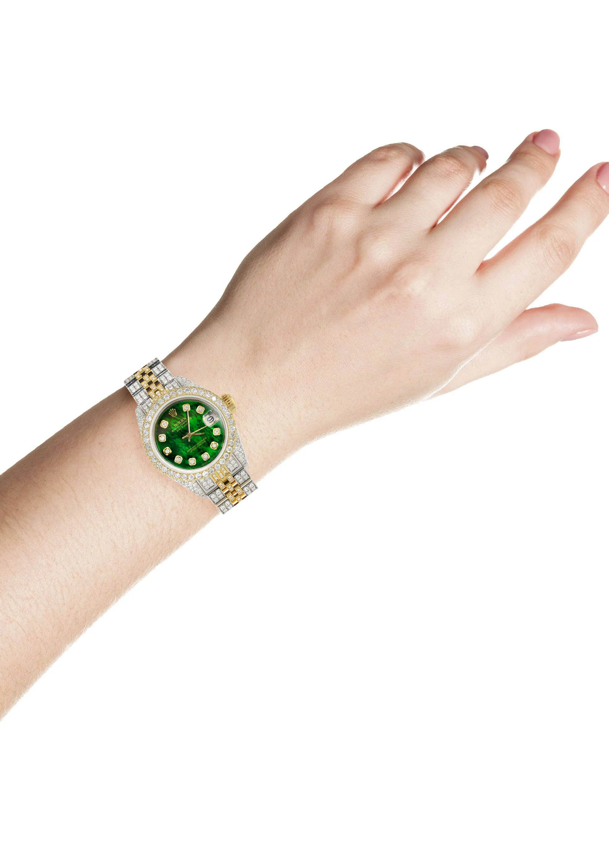 Womens Diamond Gold Rolex Watch | 26Mm | Green Mother Of Pearl Dial | Jubilee Band - Image 3