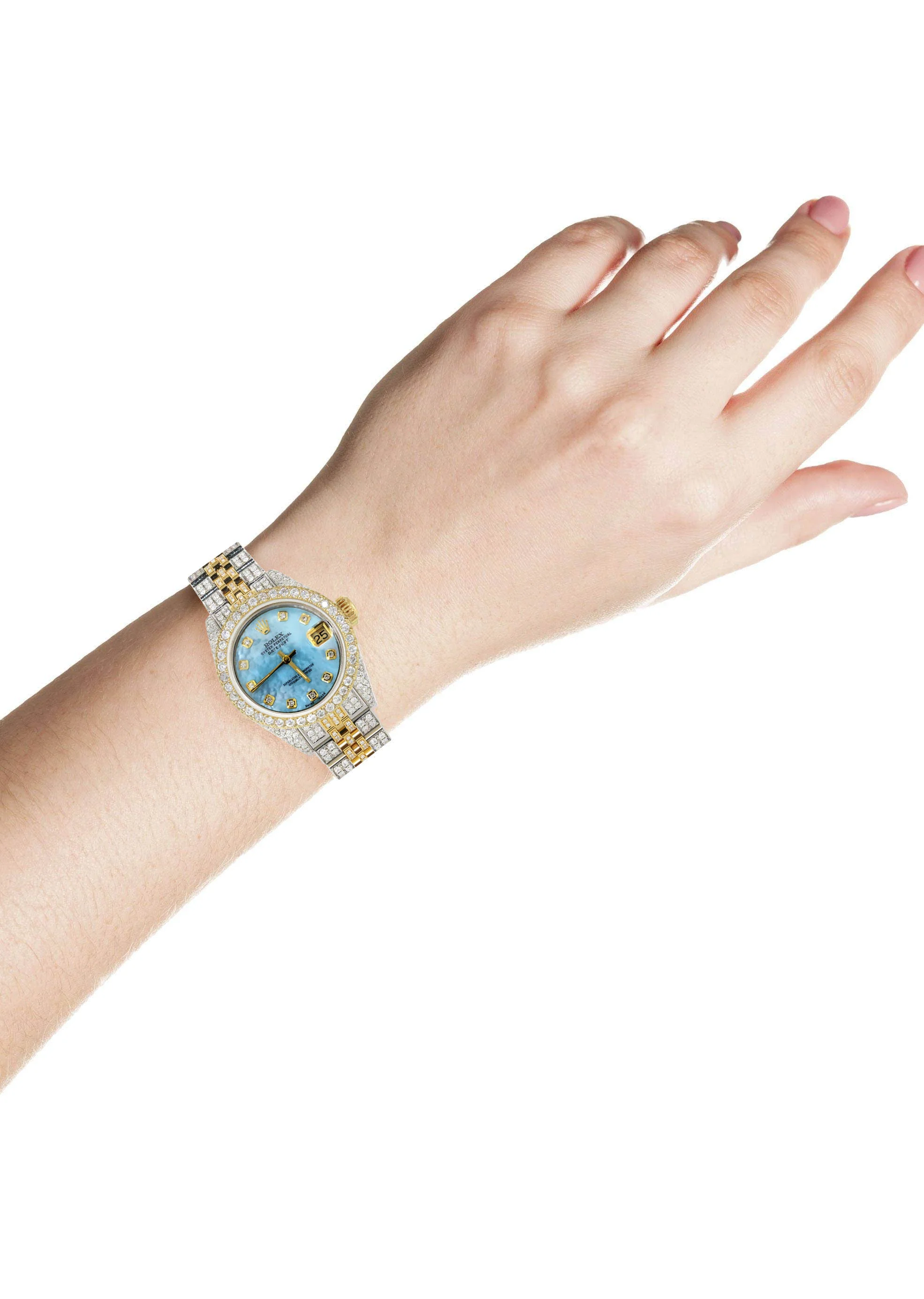 Womens Diamond Gold Rolex Watch | 26Mm | Light Blue Pearl Dial | Jubilee Band - Image 3