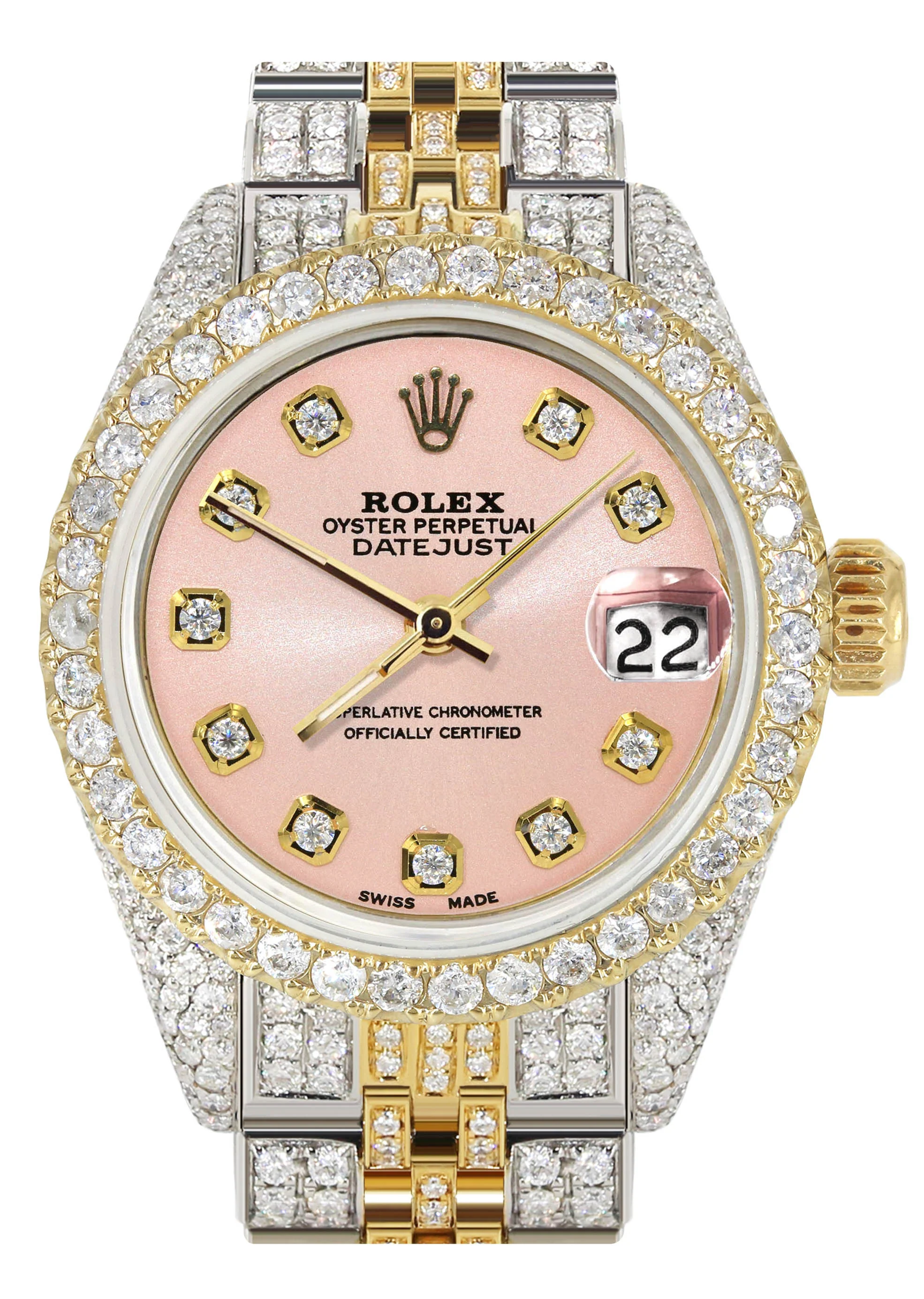 Womens Diamond Gold Rolex Watch | 26Mm | Light Pink Dial | Jubilee Band