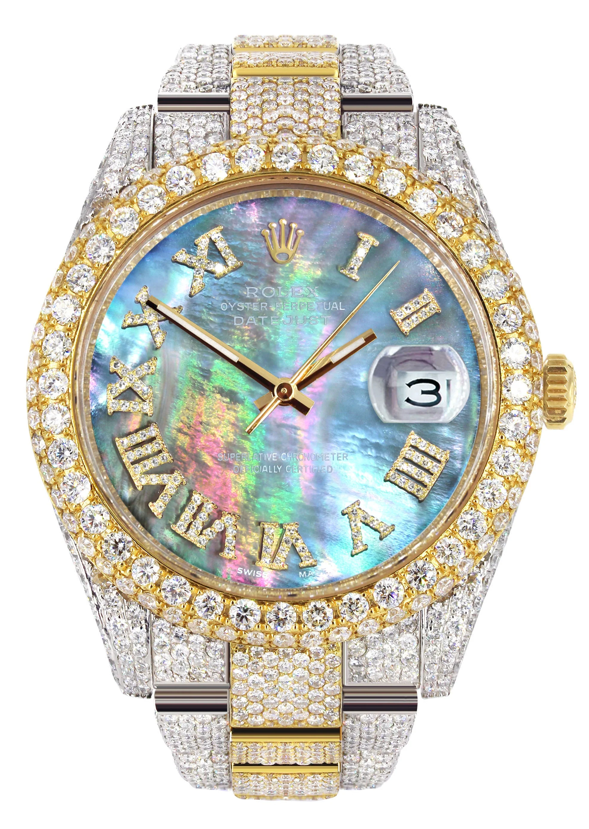 Womens Diamond Iced Out Rolex Datejust 41 | 25 Carats Of Diamonds | Abalone Mother Of Pearl Dial | Two Tone | Two Row | Oyster Band