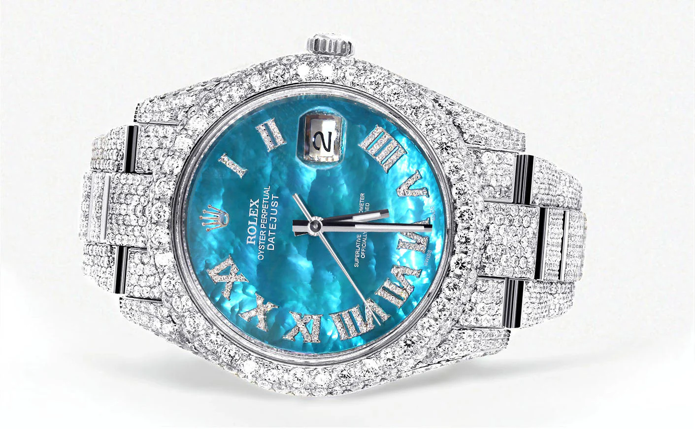 Womens Diamond Iced Out Rolex Datejust 41 | 25 Carats Of Diamonds | Aquamarine Mother of Pearl Dial | Two Row | Oyster Band - Image 2