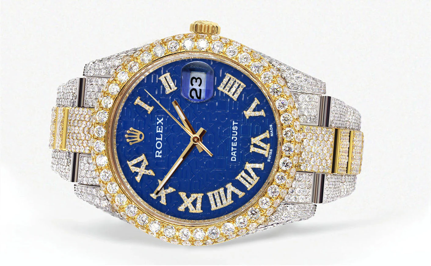 Womens Diamond Iced Out Rolex Datejust 41 | 25 Carats Of Diamonds | Blue Text Pattern Dial | Two Tone | Two Row | Oyster Band - Image 2