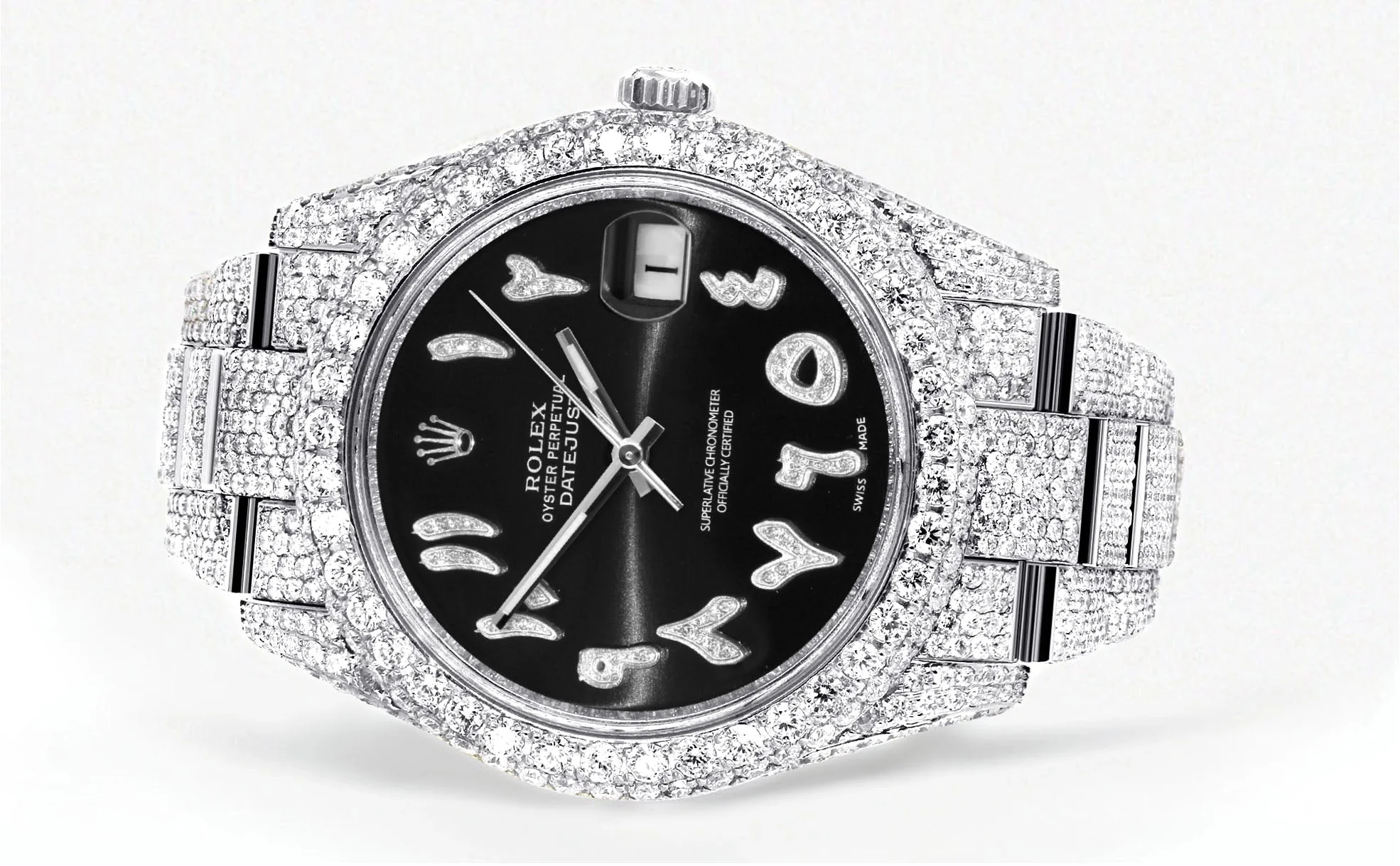 Womens Diamond Iced Out Rolex Datejust 41 | 25 Carats Of Diamonds | Custom Black Arabic Numeral Diamond Dial | Two Row | Oyster Band - Image 2