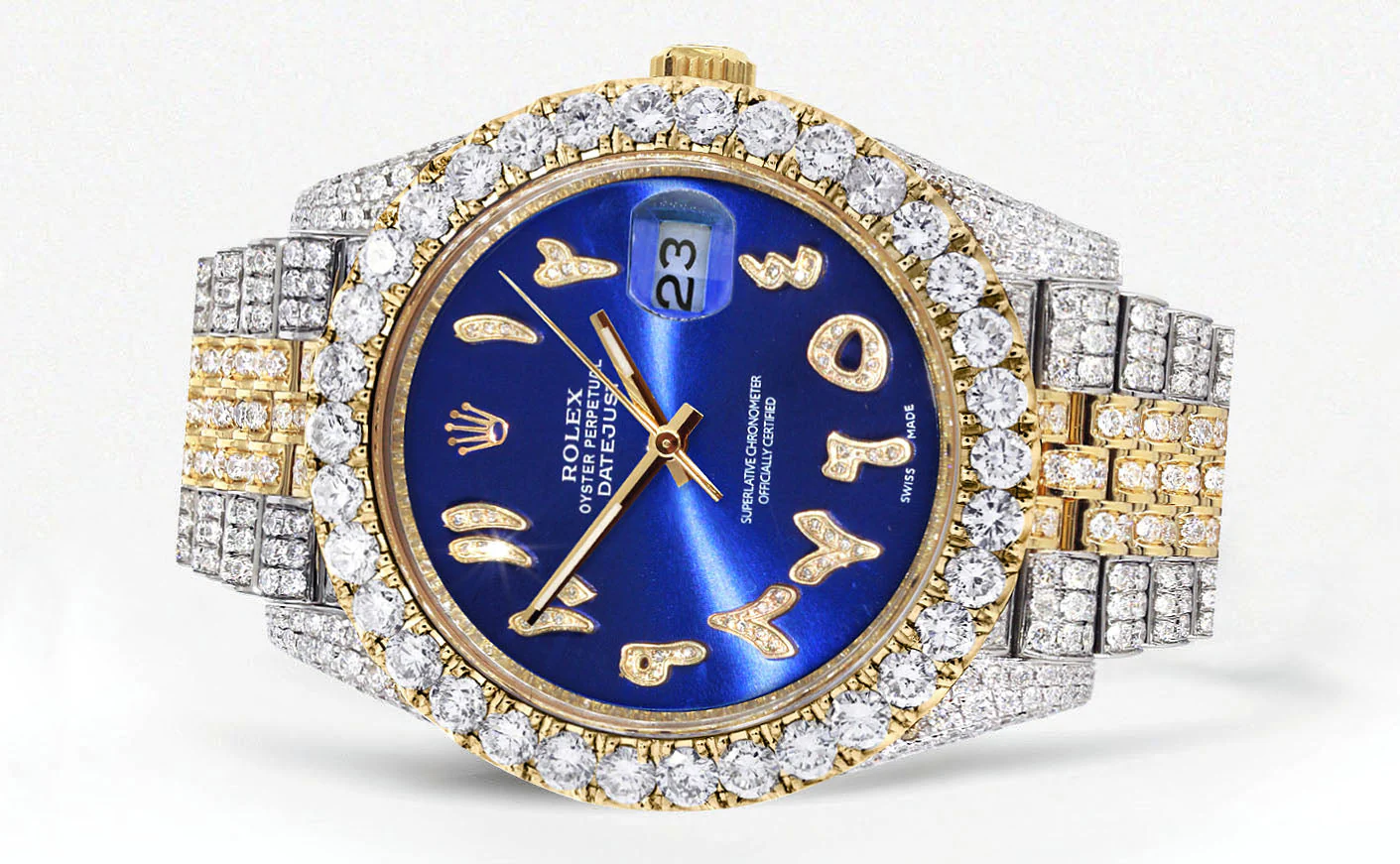 Womens Diamond Iced Out Rolex Datejust 41 | 25 Carats Of Diamonds | Custom Blue Arabic Numeral Diamond Dial | Two Row | Jubilee Band - Image 2