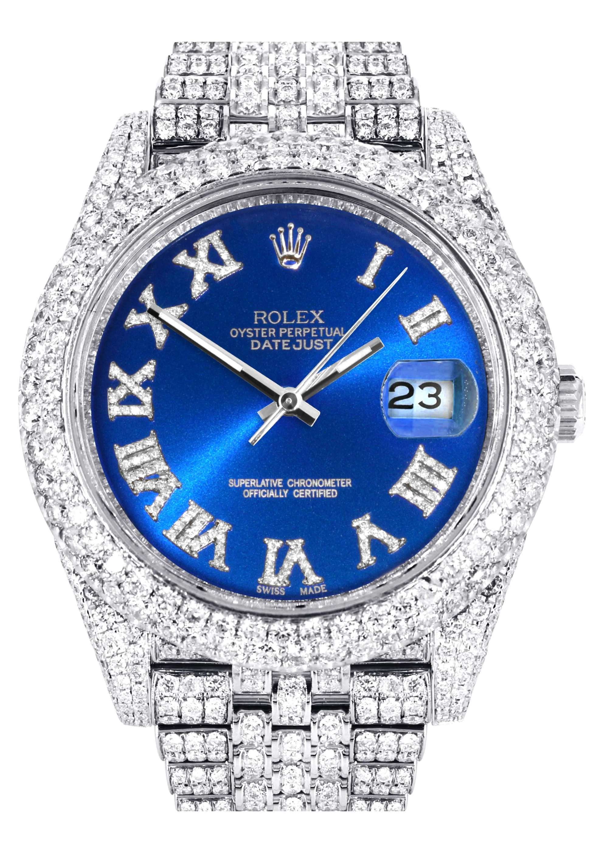 Womens Diamond Iced Out Rolex Datejust 41 | 25 Carats Of Diamonds | Custom Blue Roman Numeral Diamond Dial | Two Row | Jubilee Band