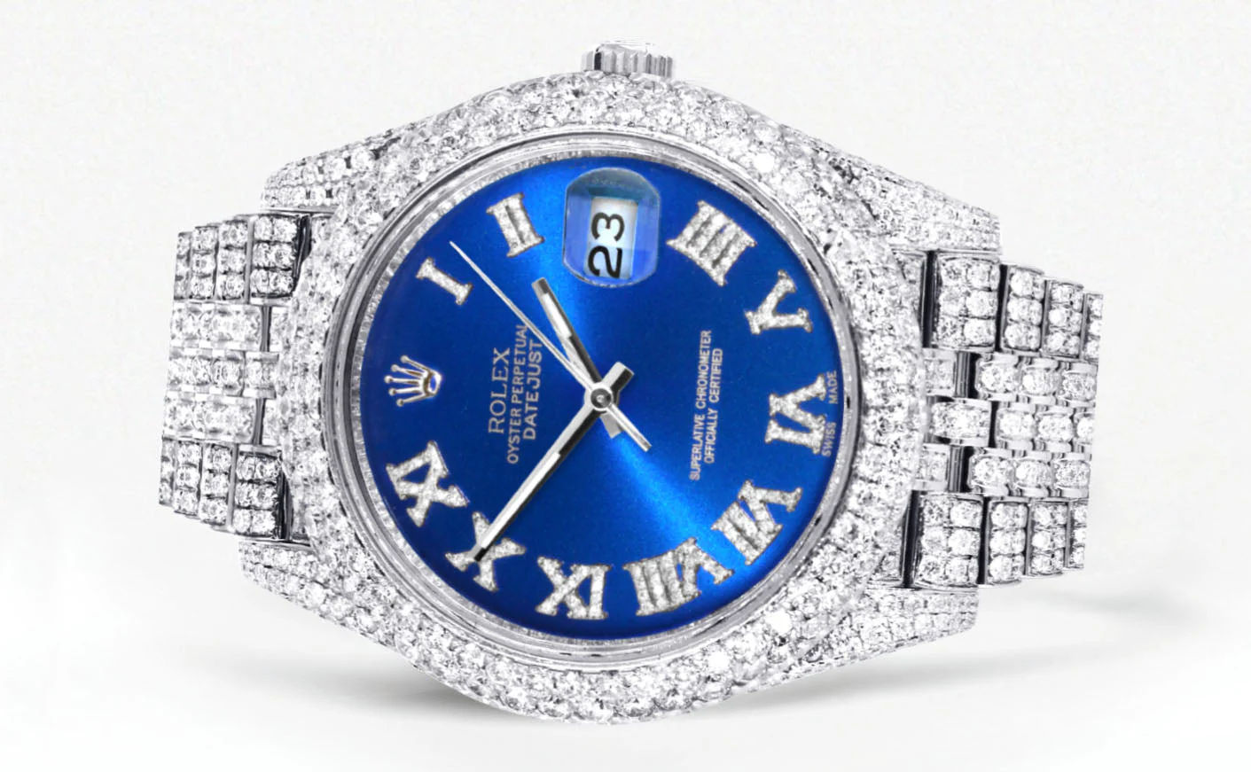 Womens Diamond Iced Out Rolex Datejust 41 | 25 Carats Of Diamonds | Custom Blue Roman Numeral Diamond Dial | Two Row | Jubilee Band - Image 2