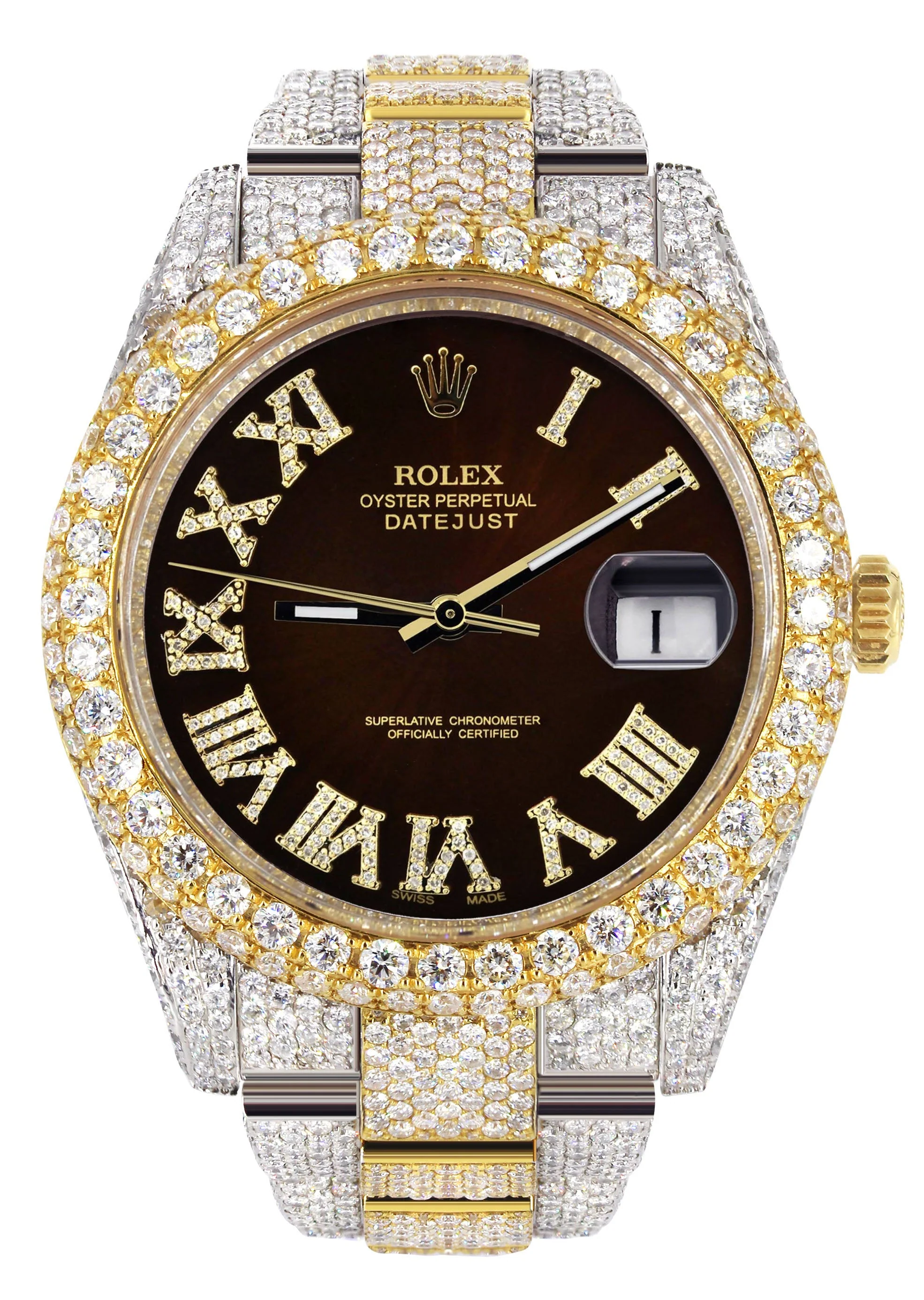 Womens Diamond Iced Out Rolex Datejust 41 | 25 Carats Of Diamonds | Custom Dark Brown Roman Numeral Diamond Dial | Two Tone | Two Row | Oyster Band