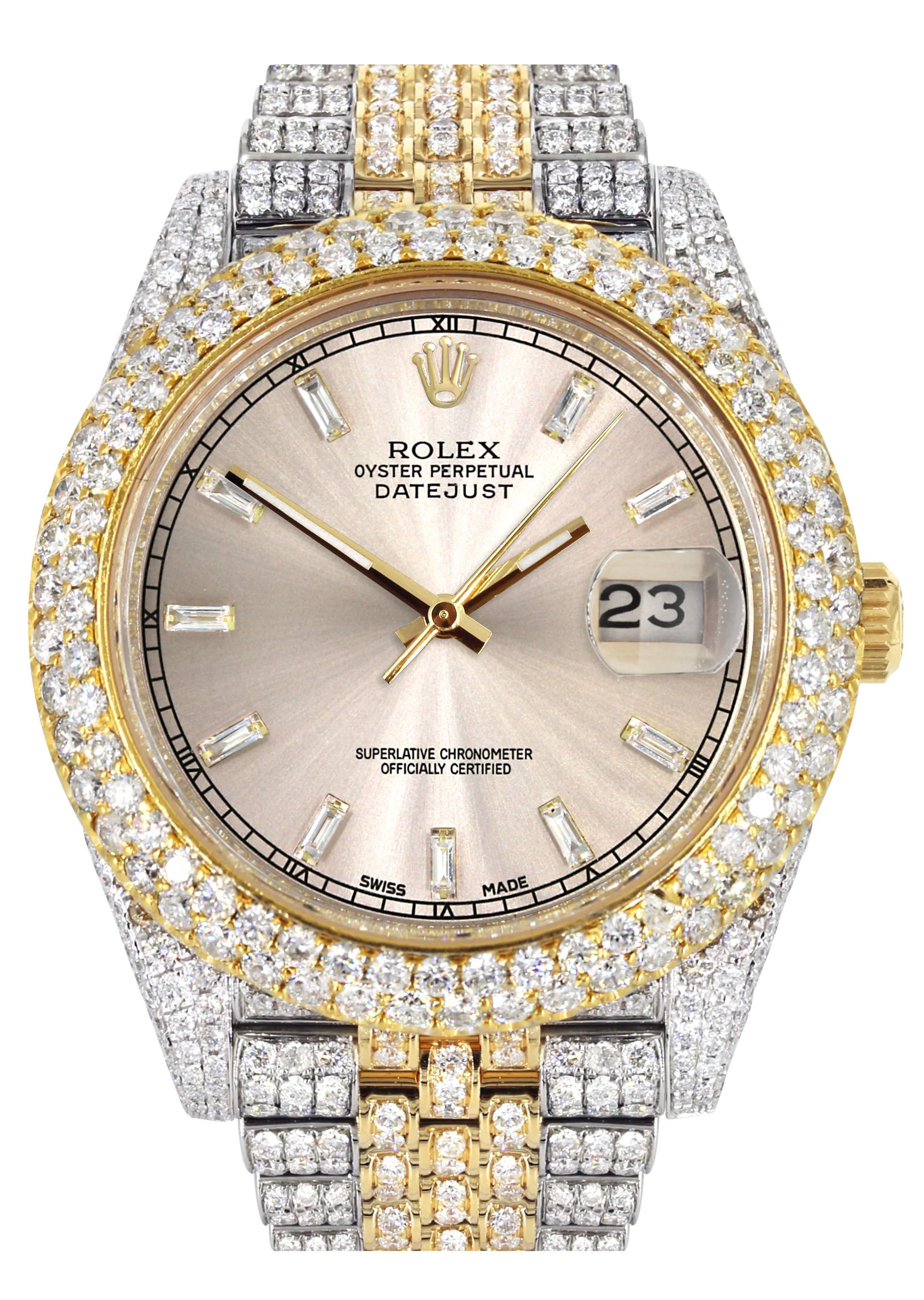 Womens Diamond Iced Out Rolex Datejust 41 | 25 Carats Of Diamonds | Custom Dawn Pink Dial | Two Tone | Two Row | Jubilee Band