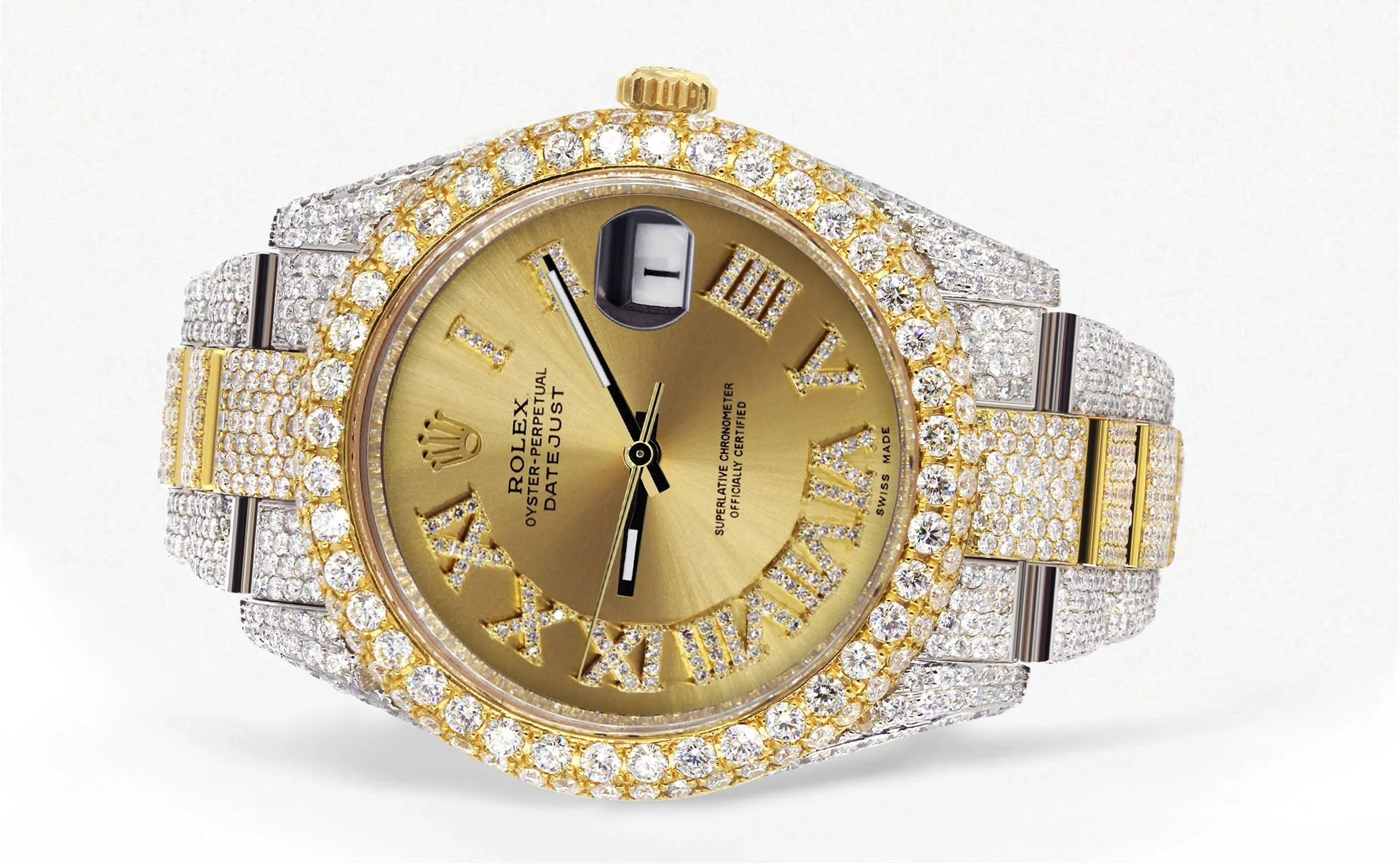 Womens Diamond Iced Out Rolex Datejust 41 | 25 Carats Of Diamonds | Custom Gold Roman Numeral Diamond Dial | Two Tone | Two Row | Oyster Band - Image 2
