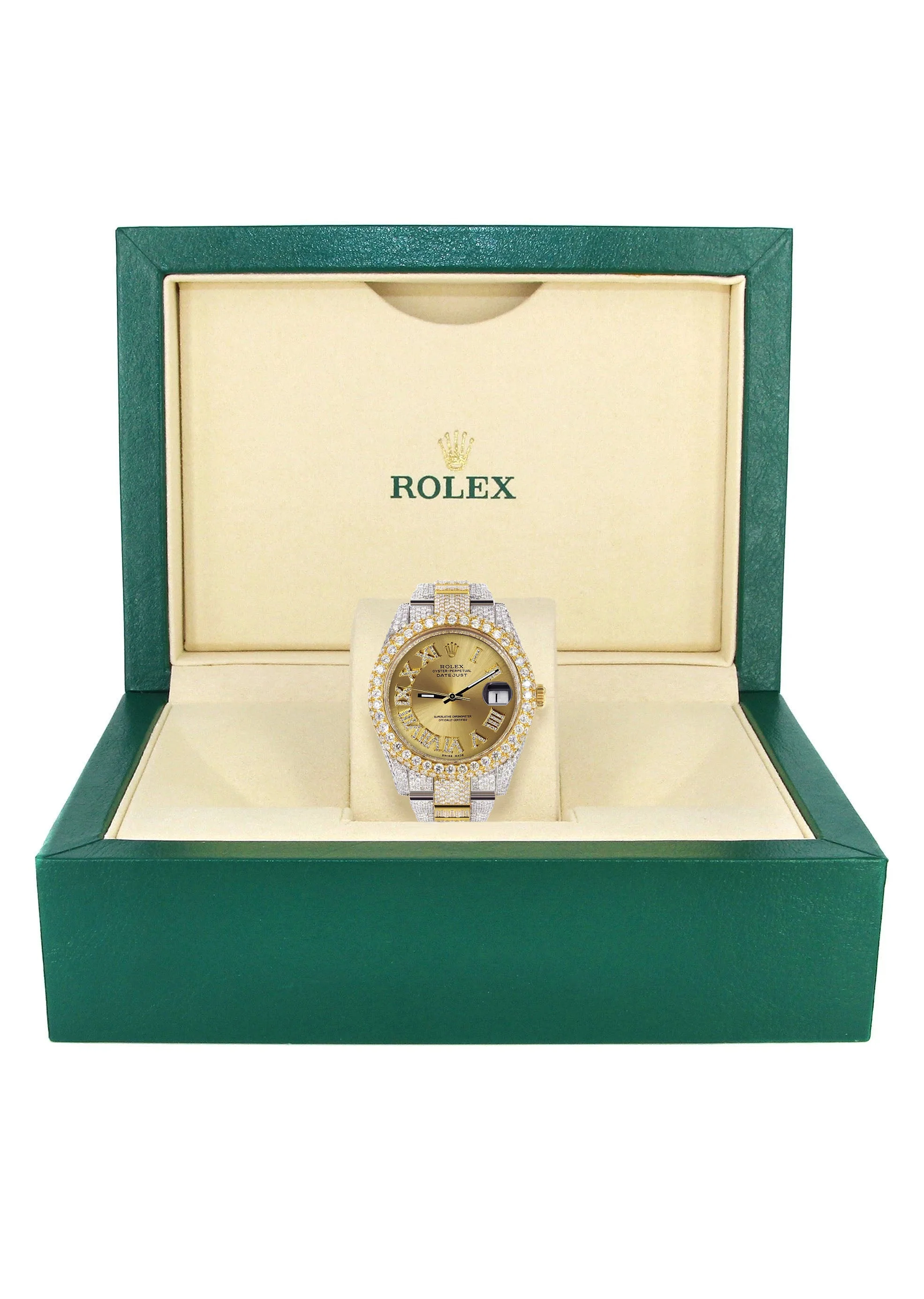 Womens Diamond Iced Out Rolex Datejust 41 | 25 Carats Of Diamonds | Custom Gold Roman Numeral Diamond Dial | Two Tone | Two Row | Oyster Band - Image 5