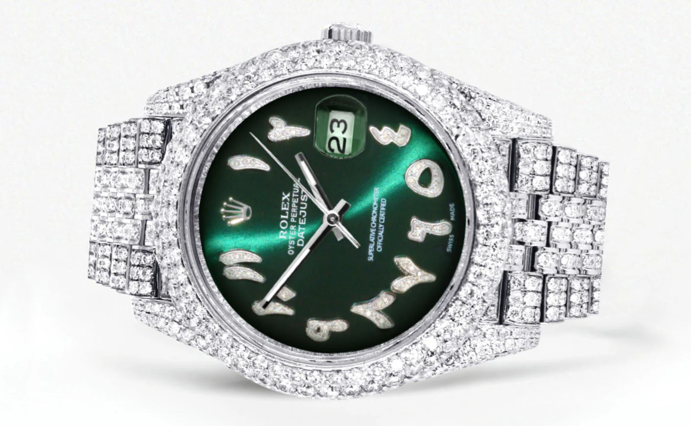 Womens Diamond Iced Out Rolex Datejust 41 | 25 Carats Of Diamonds | Custom Green Arabic Numeral Diamond Dial | Two Row | Jubilee Band - Image 2