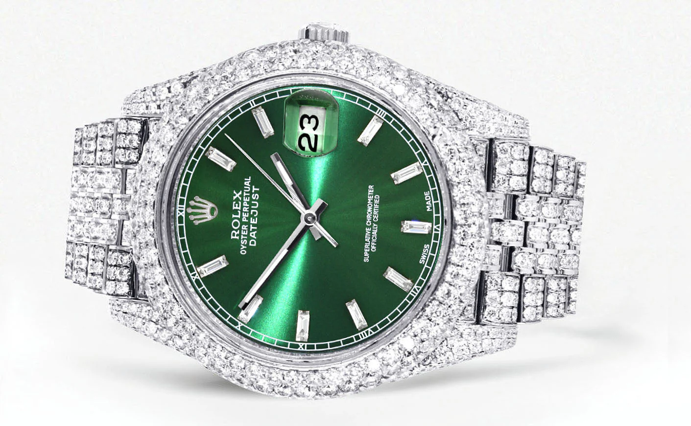 Womens Diamond Iced Out Rolex Datejust 41 | 25 Carats Of Diamonds | Custom Green Diamond Dial | Two Row | Jubilee Band - Image 2