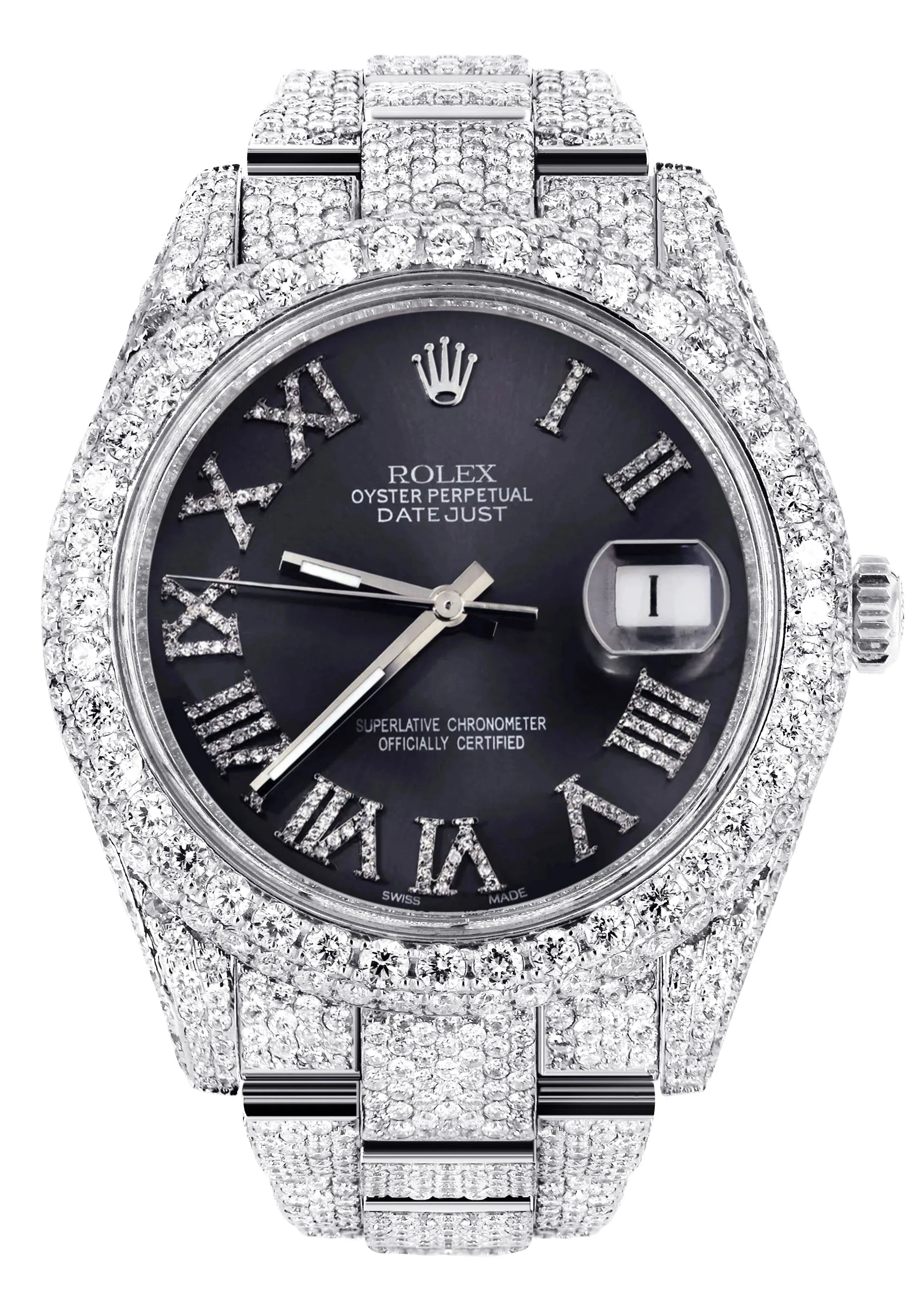 Womens Diamond Iced Out Rolex Datejust 41 | 25 Carats Of Diamonds | Custom Grey Roman Numeral Diamond Dial | Two Row | Oyster Band