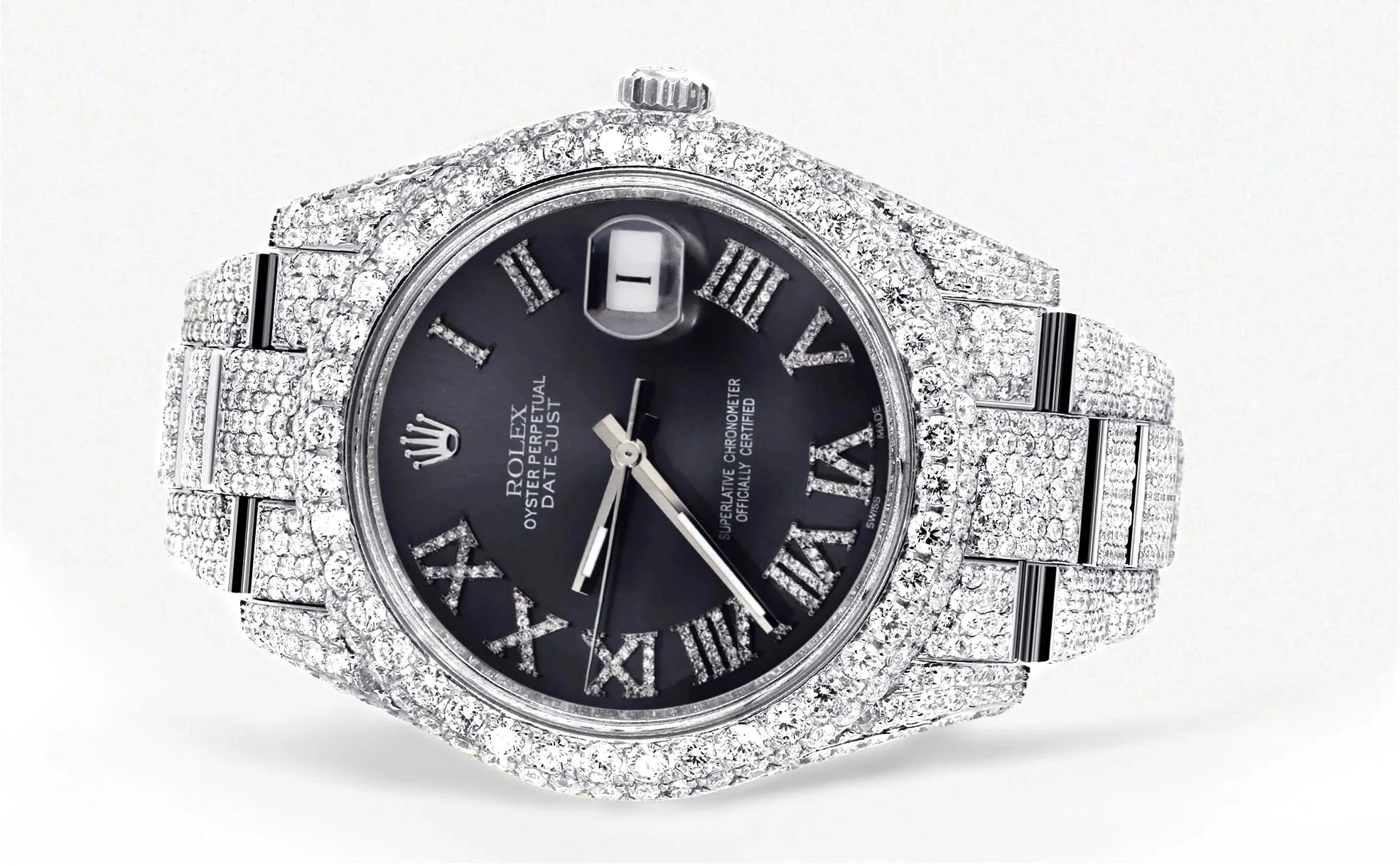 Womens Diamond Iced Out Rolex Datejust 41 | 25 Carats Of Diamonds | Custom Grey Roman Numeral Diamond Dial | Two Row | Oyster Band - Image 2