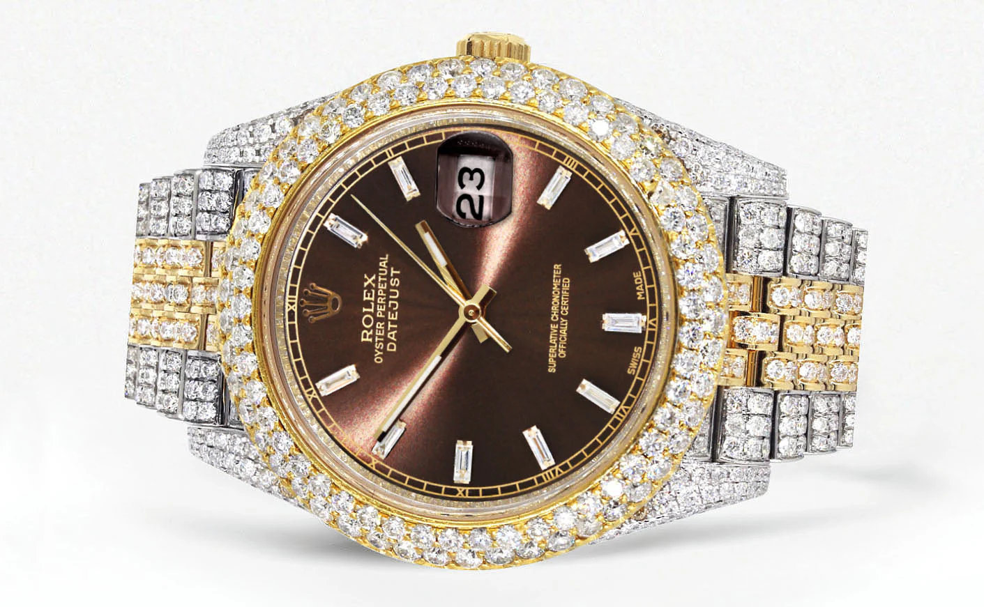 Womens Diamond Iced Out Rolex Datejust 41 | 25 Carats Of Diamonds | Custom Morocco Brown Dial | Two Tone | Two Row | Jubilee Band - Image 2