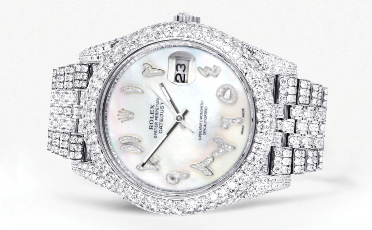Womens Diamond Iced Out Rolex Datejust 41 | 25 Carats Of Diamonds | Custom Mother of Pearl Arabic Numeral Diamond Dial | Two Row | Jubilee Band - Image 2