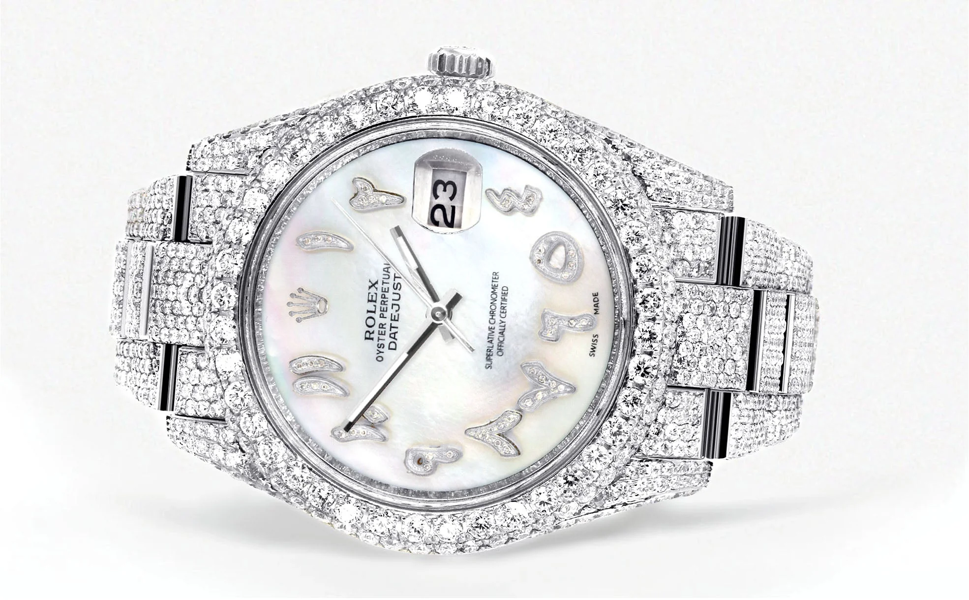 Womens Diamond Iced Out Rolex Datejust 41 | 25 Carats Of Diamonds | Custom Mother of Pearl Arabic Numeral Diamond Dial | Two Row | Oyster Band - Image 2