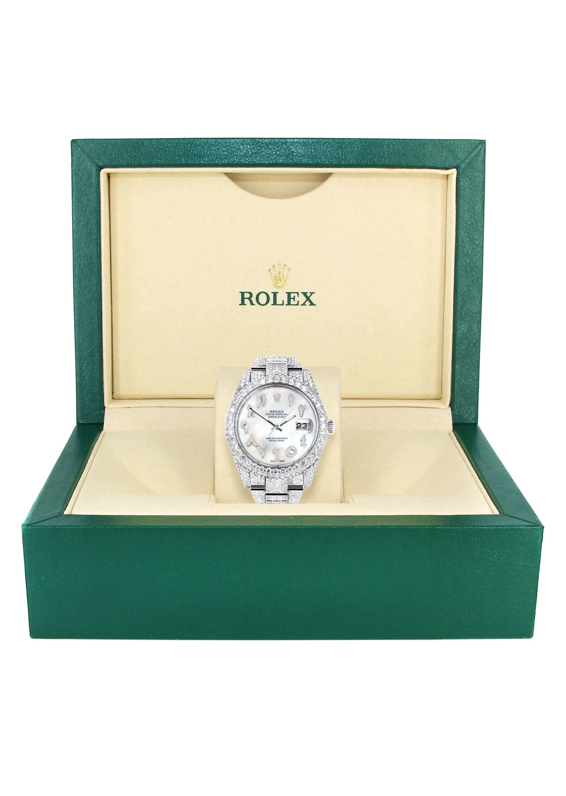 Womens Diamond Iced Out Rolex Datejust 41 | 25 Carats Of Diamonds | Custom Mother of Pearl Arabic Numeral Diamond Dial | Two Row | Oyster Band - Image 5