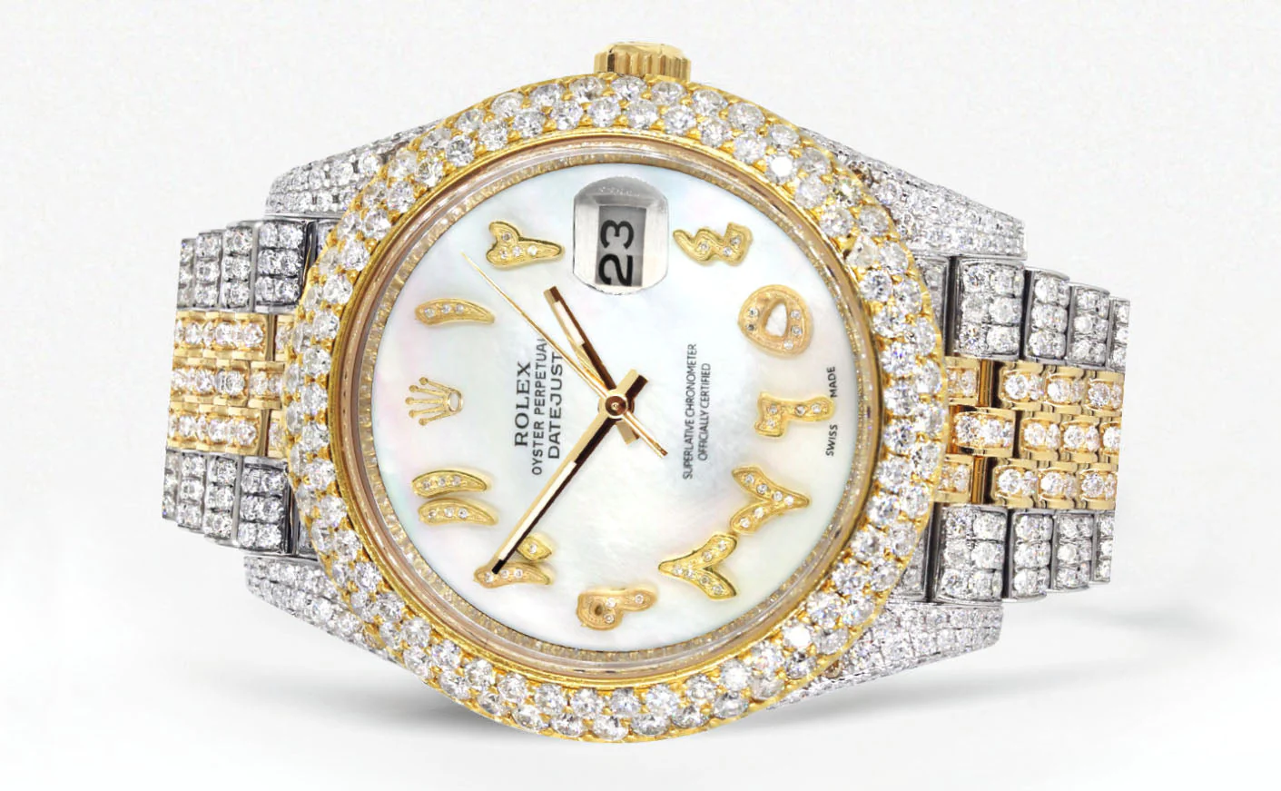 Womens Diamond Iced Out Rolex Datejust 41 | 25 Carats Of Diamonds | Custom Mother of Pearl Arabic Numeral Diamond Dial | Two Tone | Two Row | Jubilee Band - Image 2