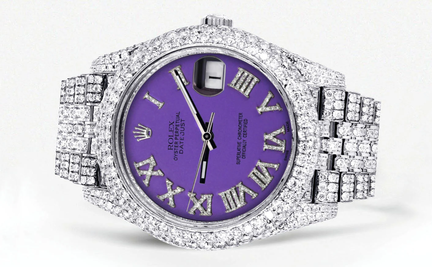 Womens Diamond Iced Out Rolex Datejust 41 | 25 Carats Of Diamonds | Custom Purple Roman Numeral Diamond Dial | Two Row | Jubilee Band - Image 2