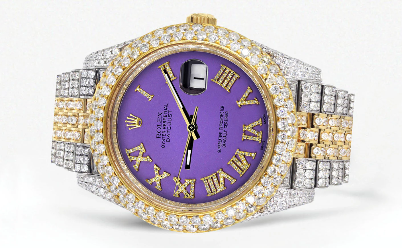 Womens Diamond Iced Out Rolex Datejust 41 | 25 Carats Of Diamonds | Custom Purple Roman Numeral Diamond Dial | Two Tone | Two Row | Jubilee Band - Image 2