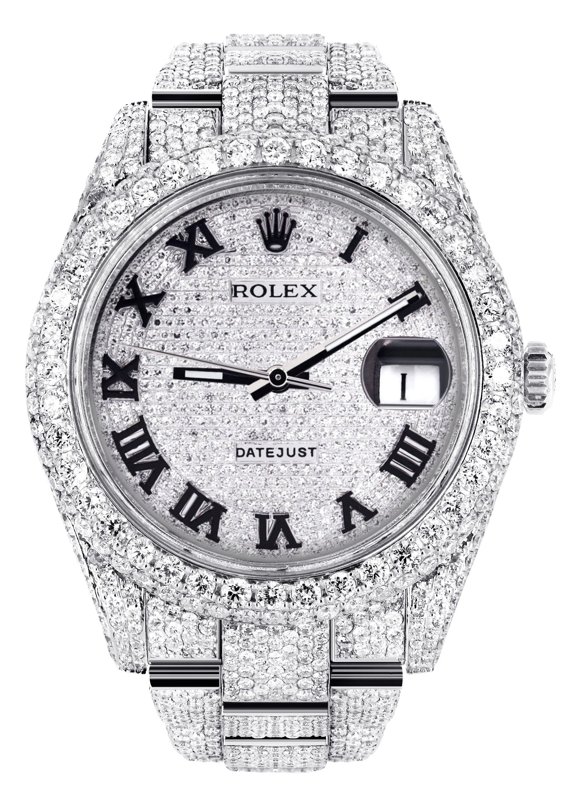 Womens Diamond Iced Out Rolex Datejust 41 | 25 Carats Of Diamonds | Custom Roman Numeral Diamond Dial | Two Row | Oyster Band