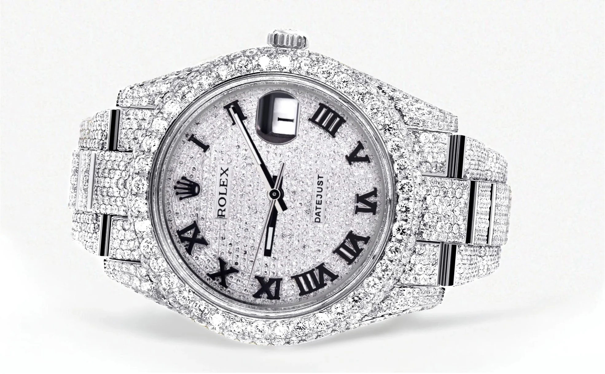 Womens Diamond Iced Out Rolex Datejust 41 | 25 Carats Of Diamonds | Custom Roman Numeral Diamond Dial | Two Row | Oyster Band - Image 2