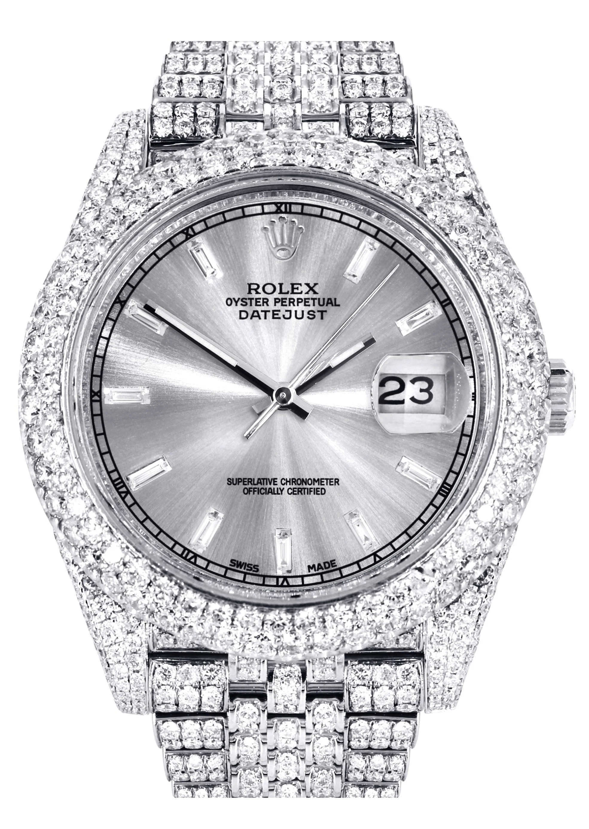 Womens Diamond Iced Out Rolex Datejust 41 | 25 Carats Of Diamonds | Custom Silver Diamond Dial | Two Row | Jubilee Band