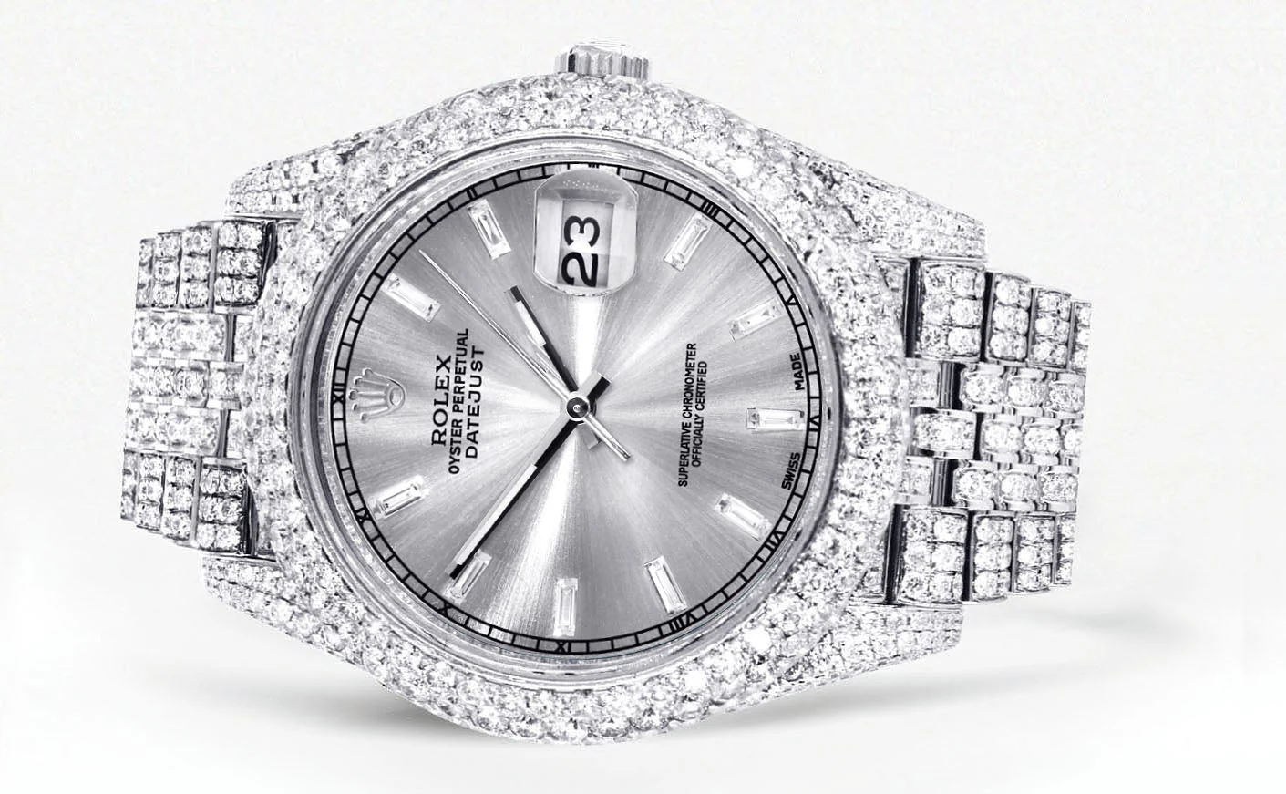 Womens Diamond Iced Out Rolex Datejust 41 | 25 Carats Of Diamonds | Custom Silver Diamond Dial | Two Row | Jubilee Band - Image 2