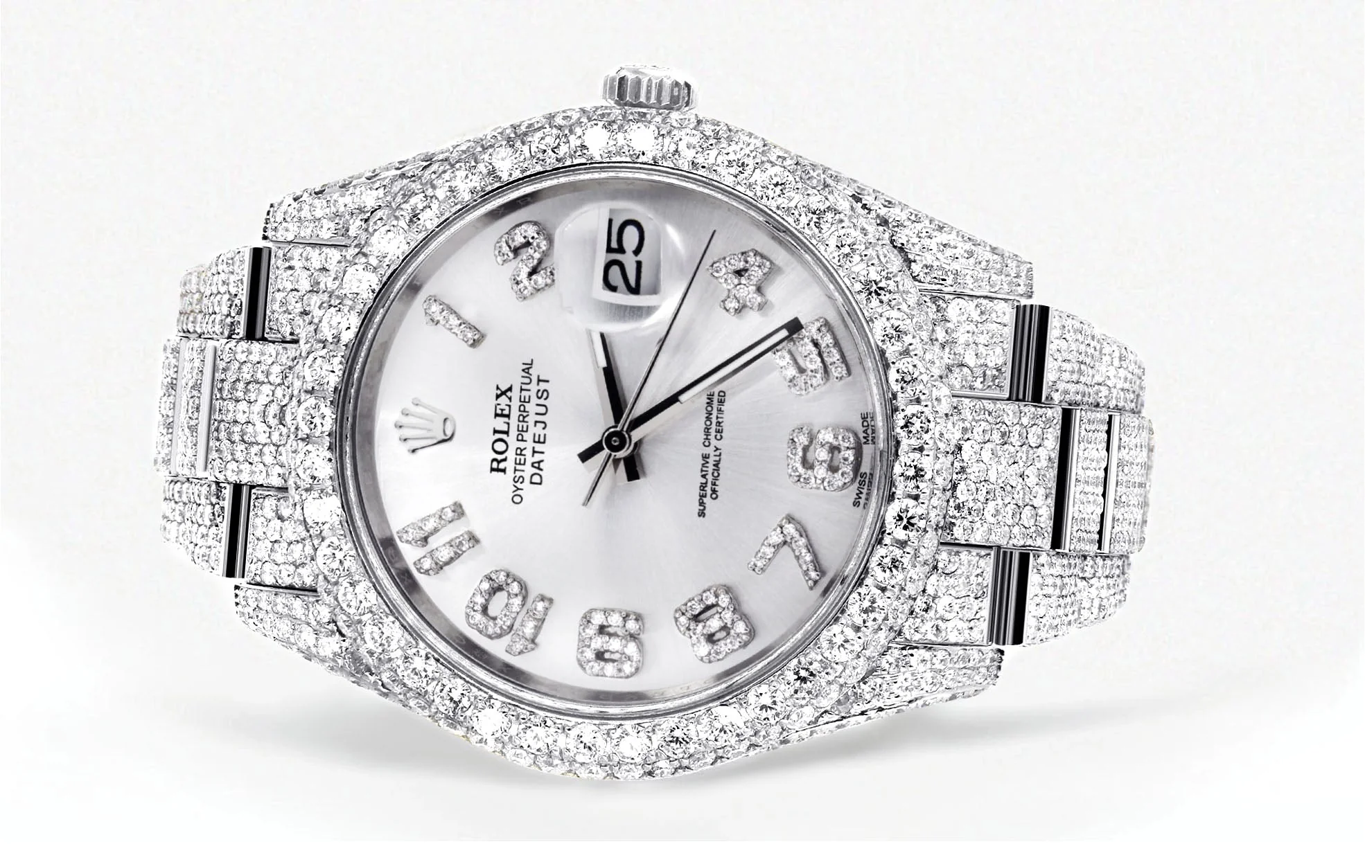 Womens Diamond Iced Out Rolex Datejust 41 | 25 Carats Of Diamonds | Custom Silver Diamond Dial | Two Row | Oyster Band - Image 2