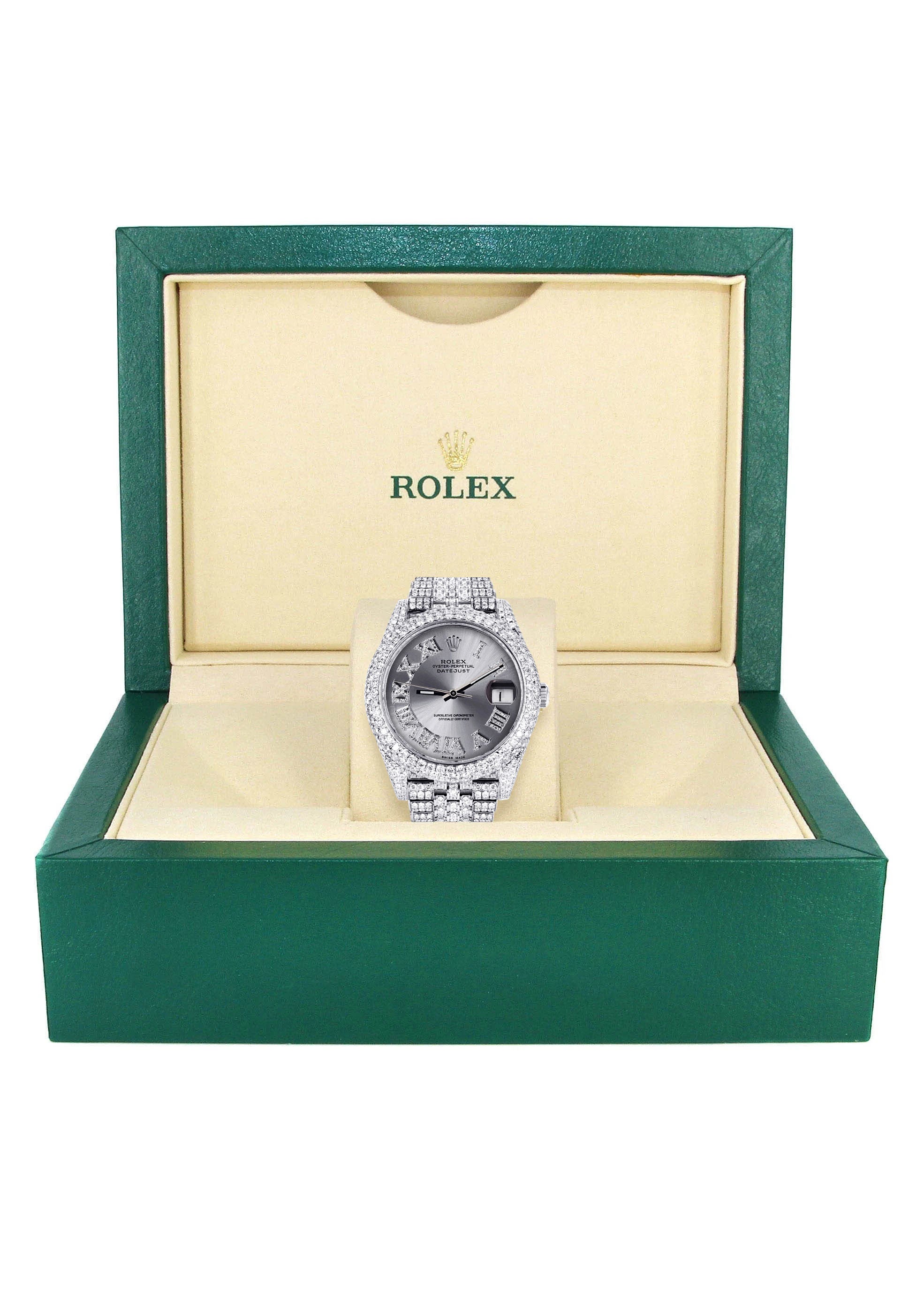 Womens Diamond Iced Out Rolex Datejust 41 | 25 Carats Of Diamonds | Custom Silver Roman Numeral Diamond Dial | Two Row | Jubilee Band - Image 3