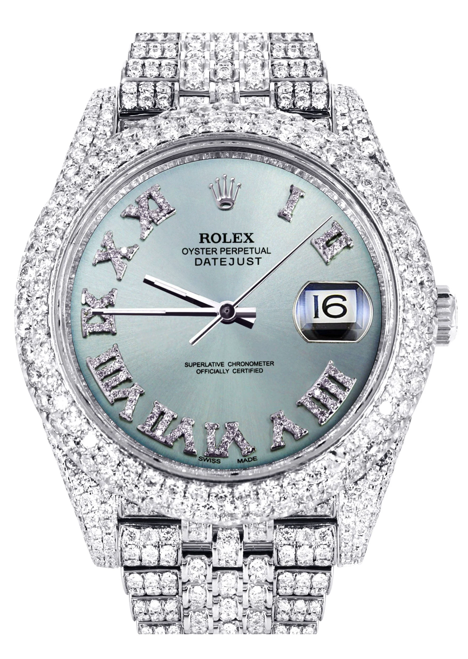 Womens Diamond Iced Out Rolex Datejust 41 | 25 Carats Of Diamonds | Custom Teal Roman Diamond Dial | Two Row | Jubilee Band