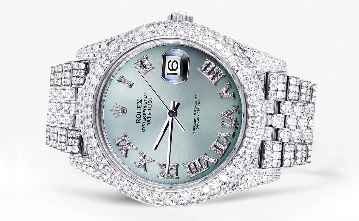 Womens Diamond Iced Out Rolex Datejust 41 | 25 Carats Of Diamonds | Custom Teal Roman Diamond Dial | Two Row | Jubilee Band - Image 2