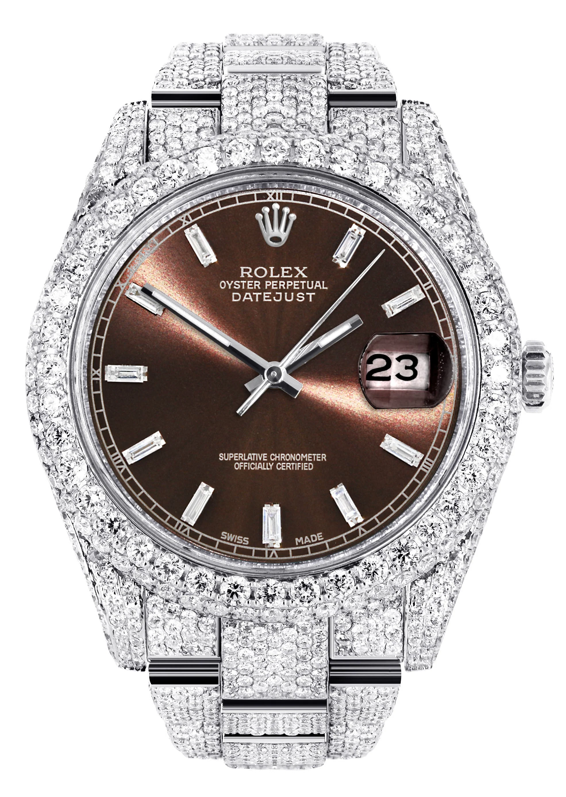Womens Diamond Iced Out Rolex Datejust 41 | 25 Carats Of Diamonds | Morocco Brown Dial | Two Row | Oyster Band