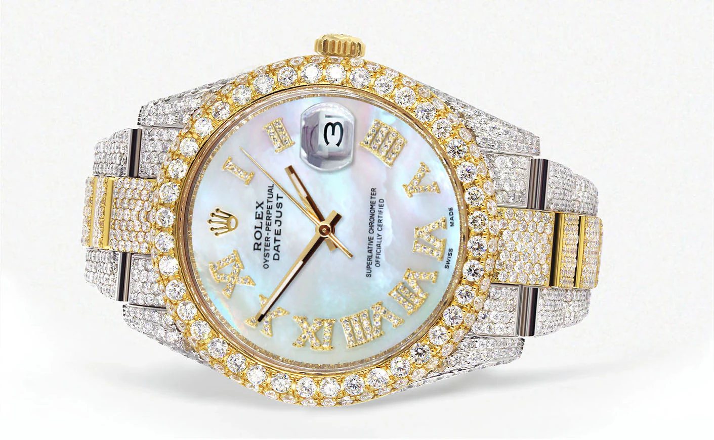 Womens Diamond Iced Out Rolex Datejust 41 | 25 Carats Of Diamonds | Mother of Pearl Roman Numeral Dial | Two Tone | Two Row | Oyster Band - Image 2