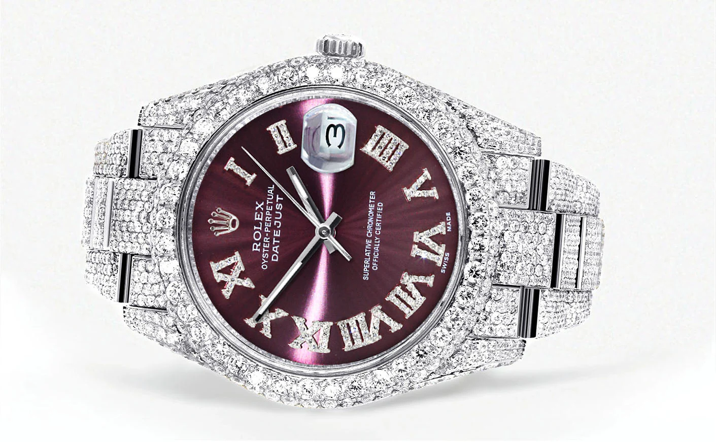 Womens Diamond Iced Out Rolex Datejust 41 | 25 Carats Of Diamonds | Purple Roman Numeral Dial | Two Row | Oyster Band - Image 2