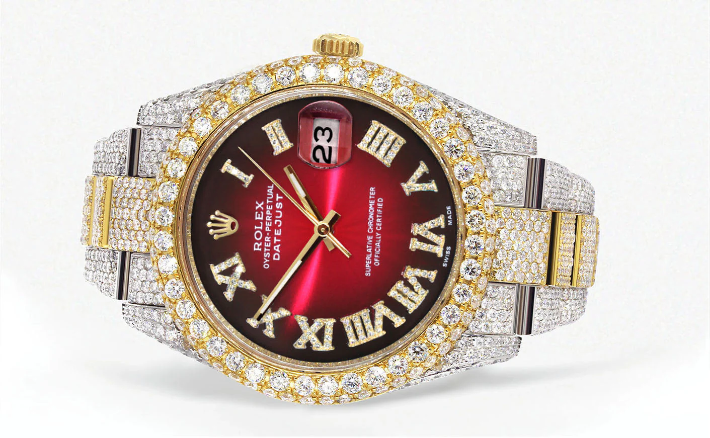 Womens Diamond Iced Out Rolex Datejust 41 | 25 Carats Of Diamonds | Red Black Roman Numeral Dial | Two Tone | Two Row | Oyster Band - Image 2