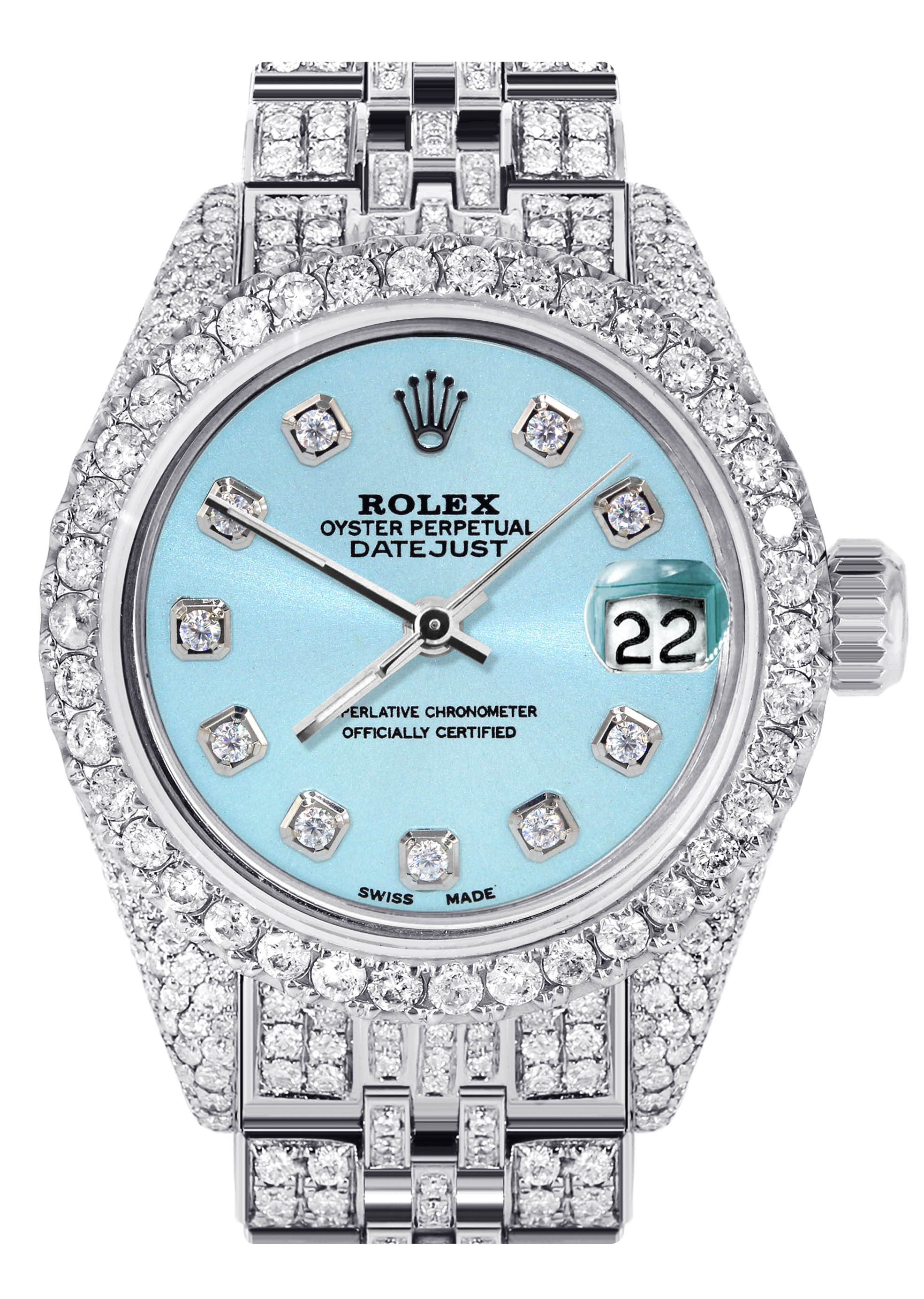 Womens Diamond Stainless Steel Rolex Watch | 26Mm | Light Blue Dial | Jubilee Band