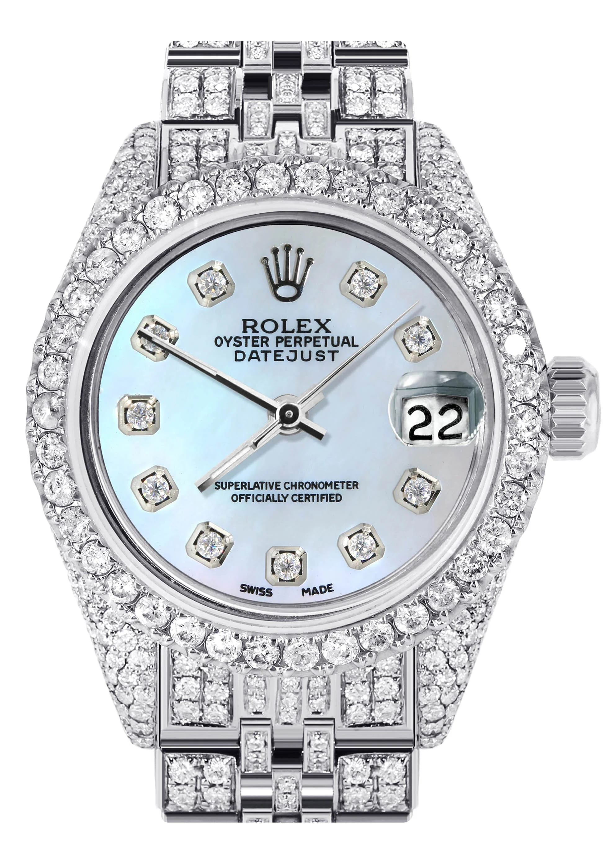 Womens Diamond Stainless Steel Rolex Watch | 26Mm | Light Blue Mother Of Pearl Dial | Jubilee Band