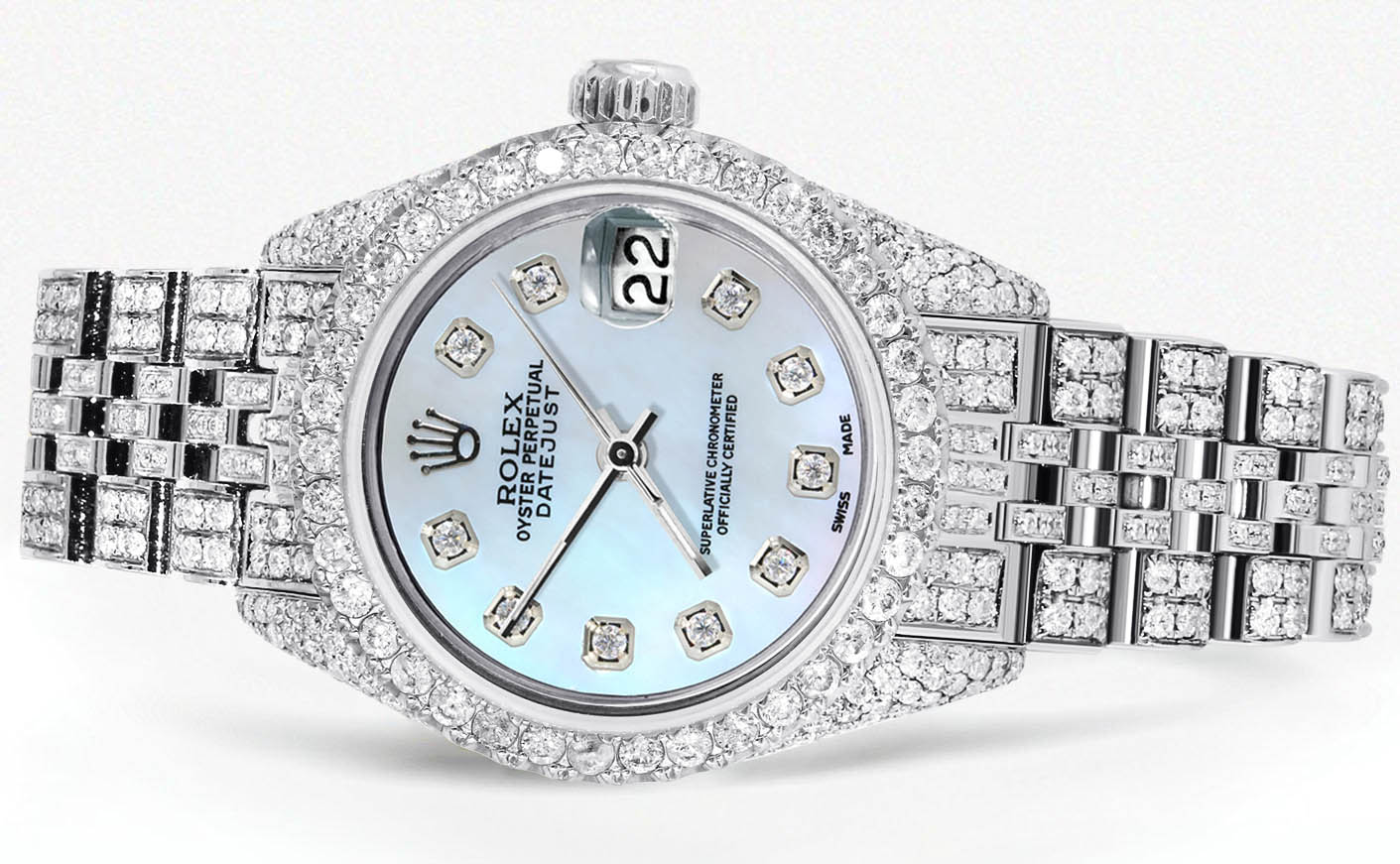 Womens Diamond Stainless Steel Rolex Watch | 26Mm | Light Blue Mother Of Pearl Dial | Jubilee Band - Image 2