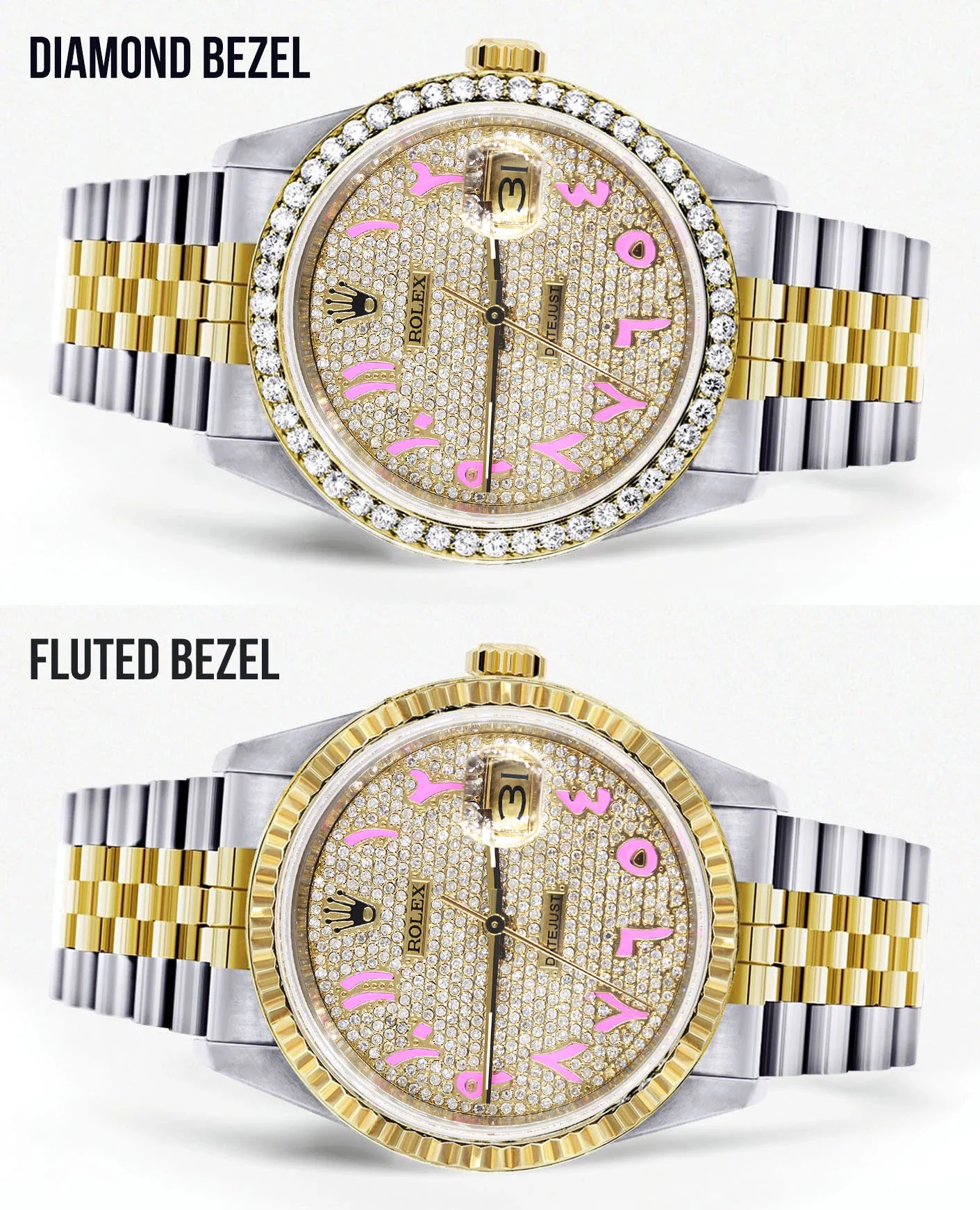 Womens Gold Rolex Watch 16233 | 36Mm | Custom Pink Arabic Full Diamond Dial | Jubilee Band - Image 2