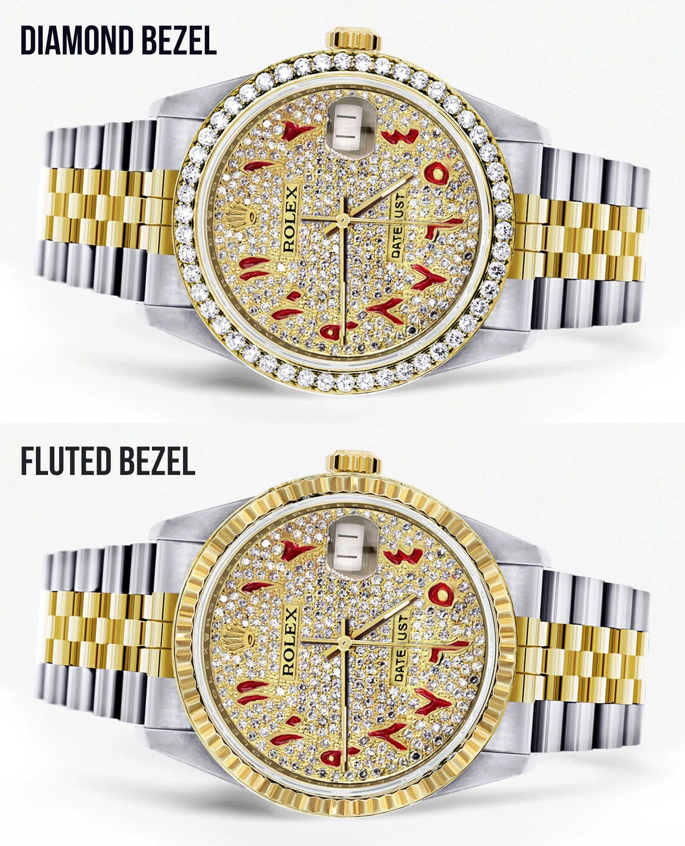 Womens Gold Rolex Watch 16233 | 36Mm | Custom Red Arabic Full Diamond Dial | Jubilee Band - Image 2