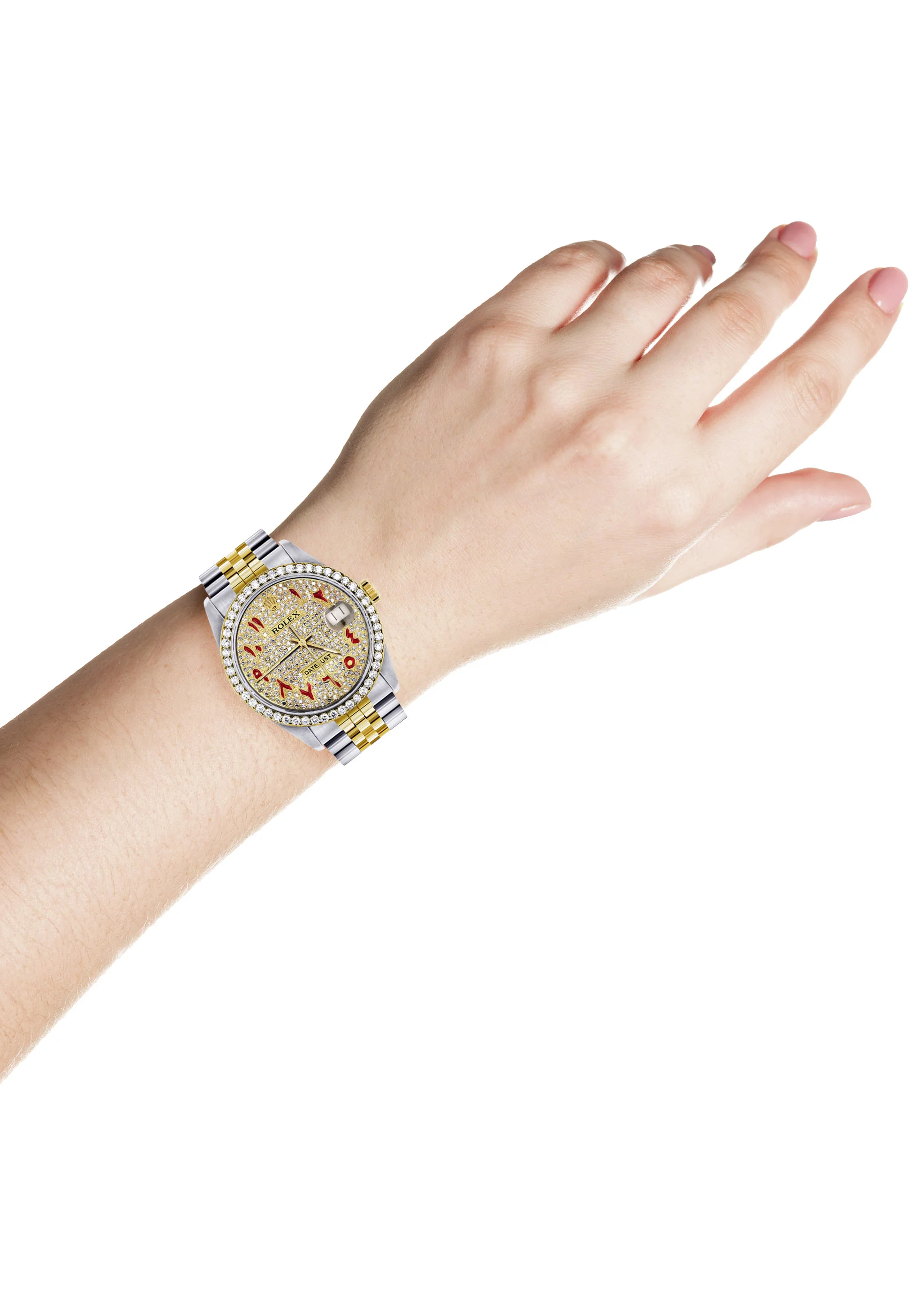 Womens Gold Rolex Watch 16233 | 36Mm | Custom Red Arabic Full Diamond Dial | Jubilee Band - Image 4