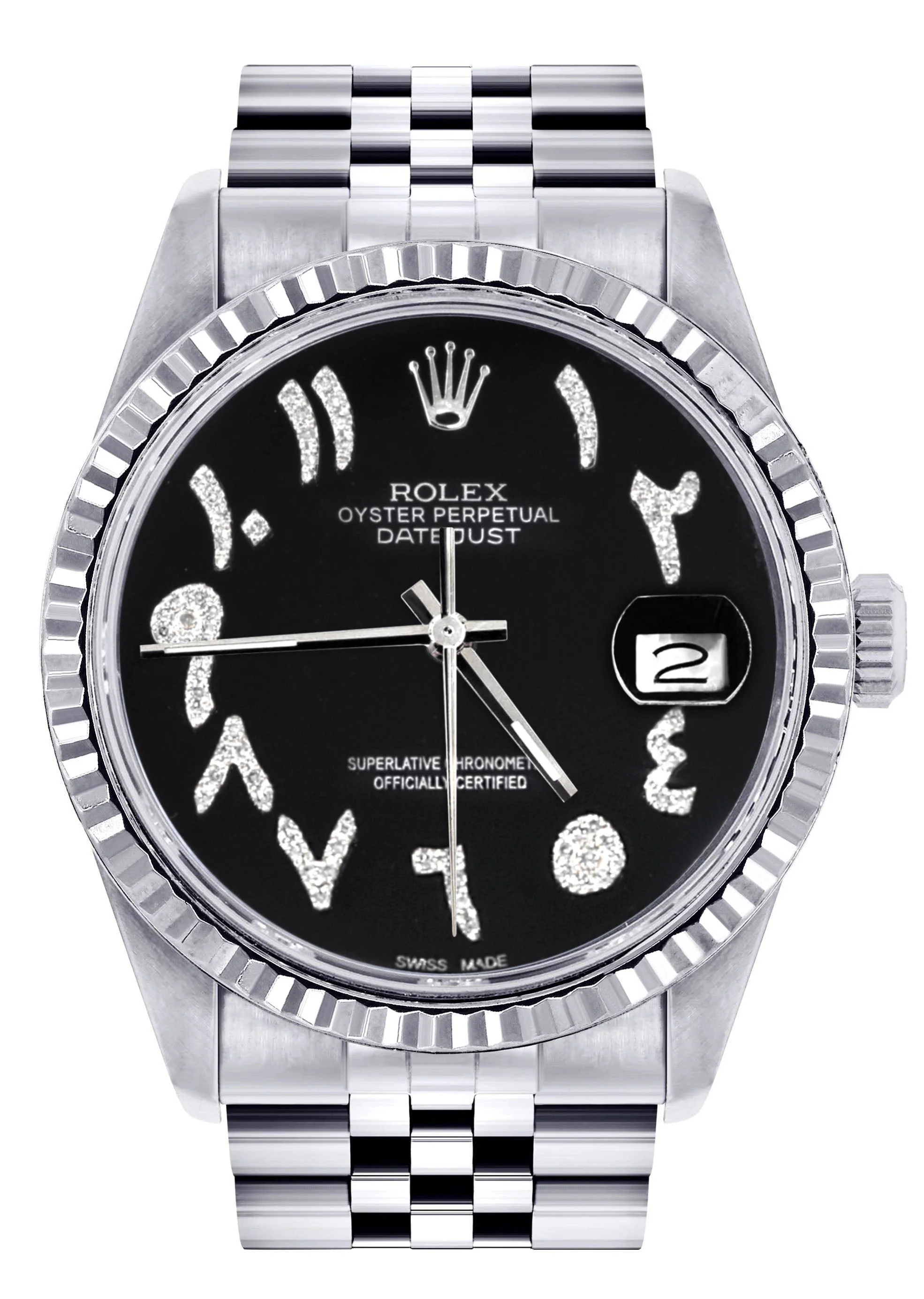 Womens Rolex Datejust Watch 16200 | Fluted Bezel | 36Mm | Black Arabic Dial | Fluted Bezel | Jubilee Band